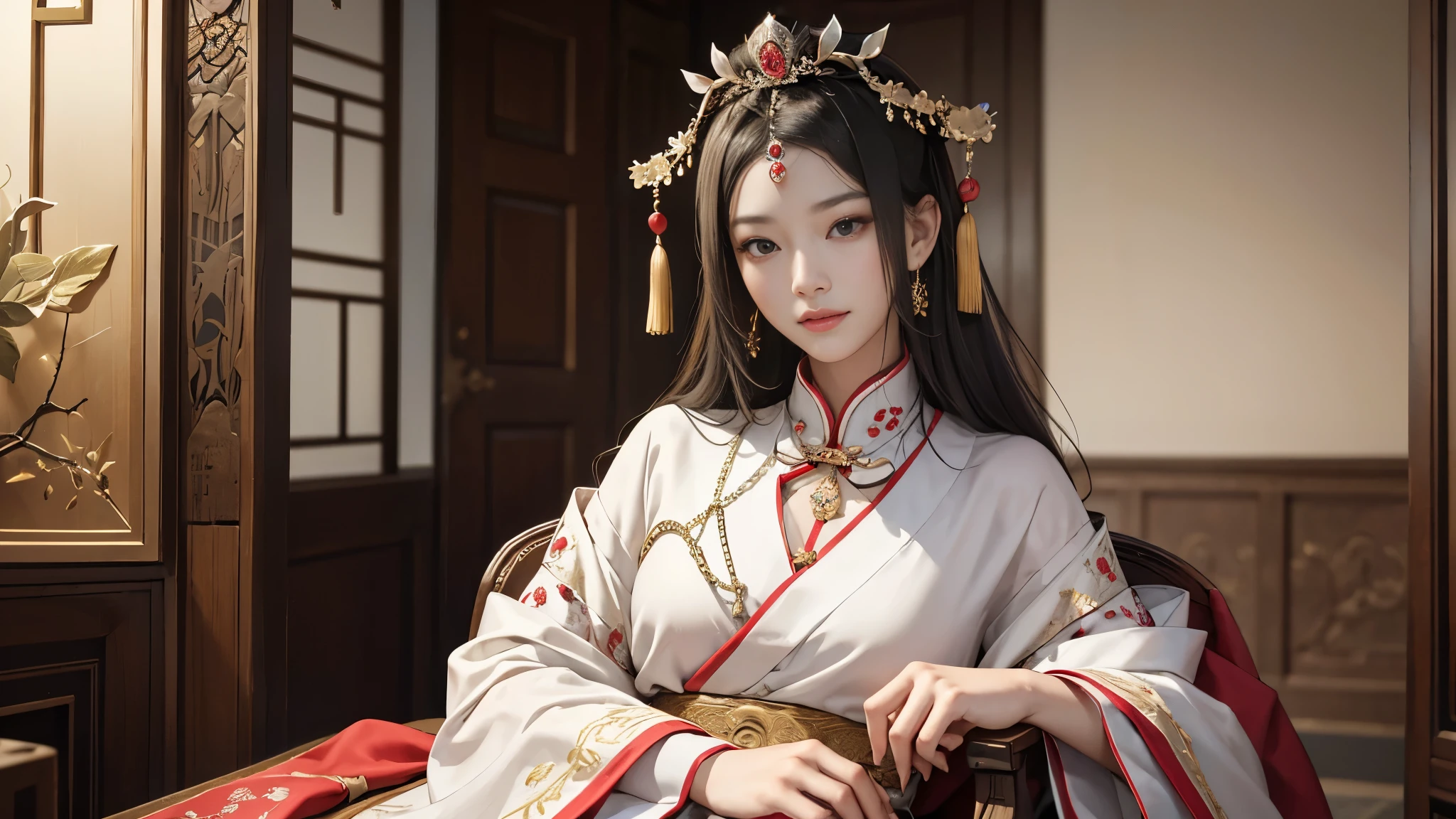 best quality,masterpiece,highres,1girl,blush,(seductive smile:0.8),star-shaped pupils,red china hanfu,hanfu,chinese clothes,hair ornament,necklace,jewelry,Beautiful face,upon_body,tyndall effect,photorealistic,dark studio,rim lighting,two tone lighting,(high detailed skin:1.2),8k uhd,dslr,soft lighting,high quality,volumetric lighting,candid,Photograph,high resolution,4k,8k,Bokeh,