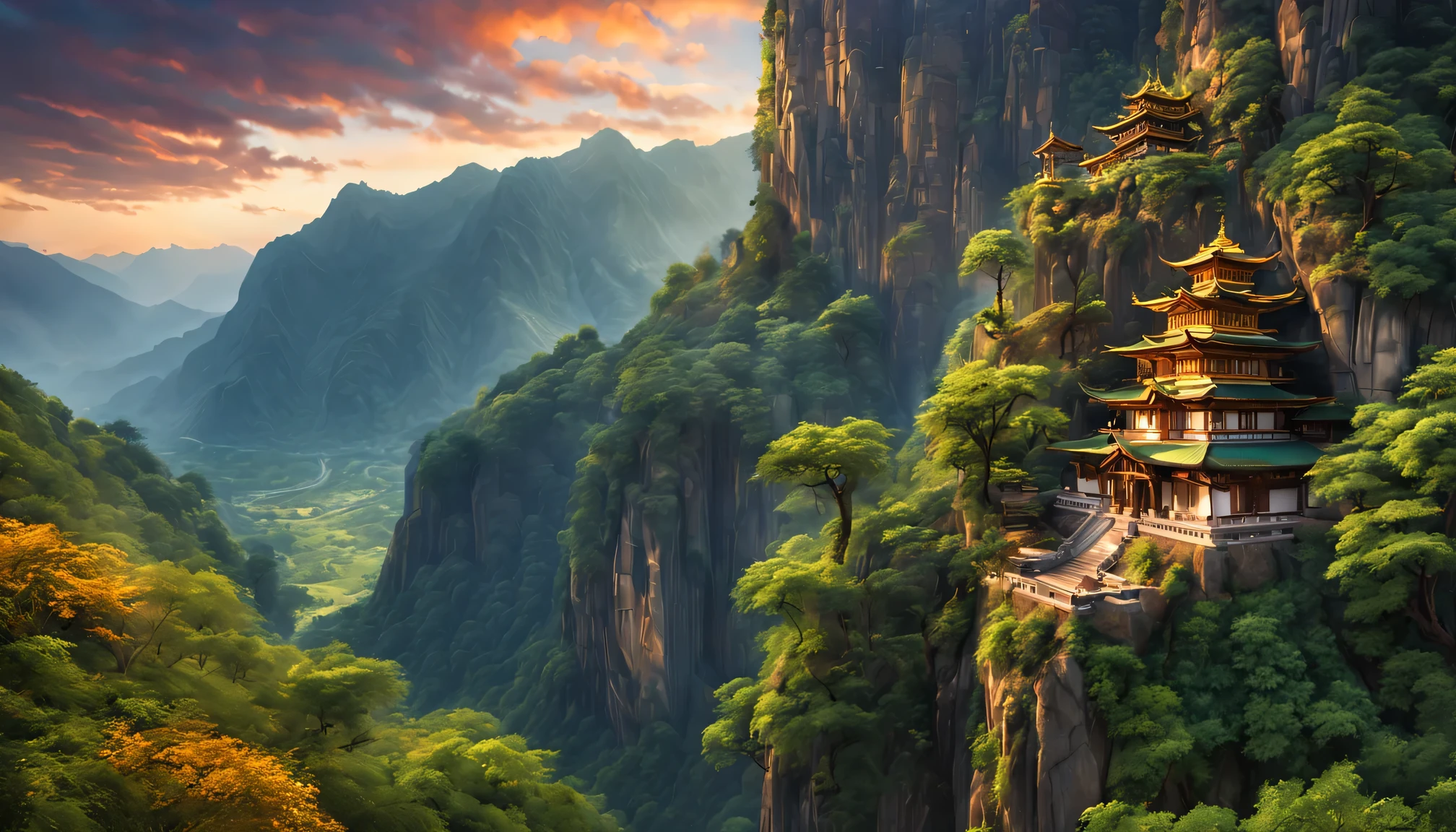 A beautiful hanging temple, beautiful view, grandiose buildings, peaceful atmosphere, Ancient and mysterious, Surrounded by lush green mountains, hanging precariously on a cliff, serenity and calm, Overlooking the stunning valley, Clouds float gently, Golden sunlight illuminates the temple, The breeze rustled the leaves, majestic, Embrace the harmony of nature, intricate details, bright colors, masterful brushstrokes, Capture the essence of tranquility, Surreal and dreamy, Blending past and present, Magical and charming scenery, Ethereal and otherworldly atmosphere, Hidden gem in the mountains, Proof of human ingenuity and spirituality, A place of pilgrimage and contemplation, Time stands still in this idyllic sanctuary, A feast for the eyes and soul. (best quality,4K,8k,high resolution,masterpiece:1.2),Super detailed,(actual,photoactual,photo-actual:1.37),human development report,ultra high definition,studio lighting,Ultra-fine painting,sharp focus,Physically based rendering,extremely detailed description,professional,bright colors,Bokeh,landscape