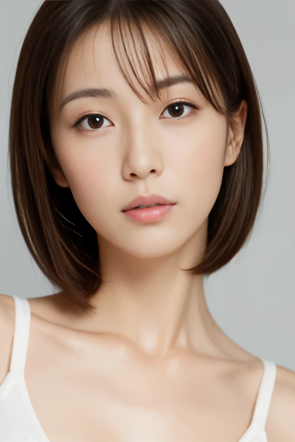 Real Japanese woman, Beautiful Japanese woman, Japanese goddess, Beautiful Japanese woman face, Mature woman, Sexy Japanese woman, Beautiful collarbone, Thin eyes, Single eyelid, Small eyes, Thin eyebrows, 30 years old Japanese woman. Thin eyes, thin eyebrows, low nose, thin lips, brown hair, beautiful full breasts.