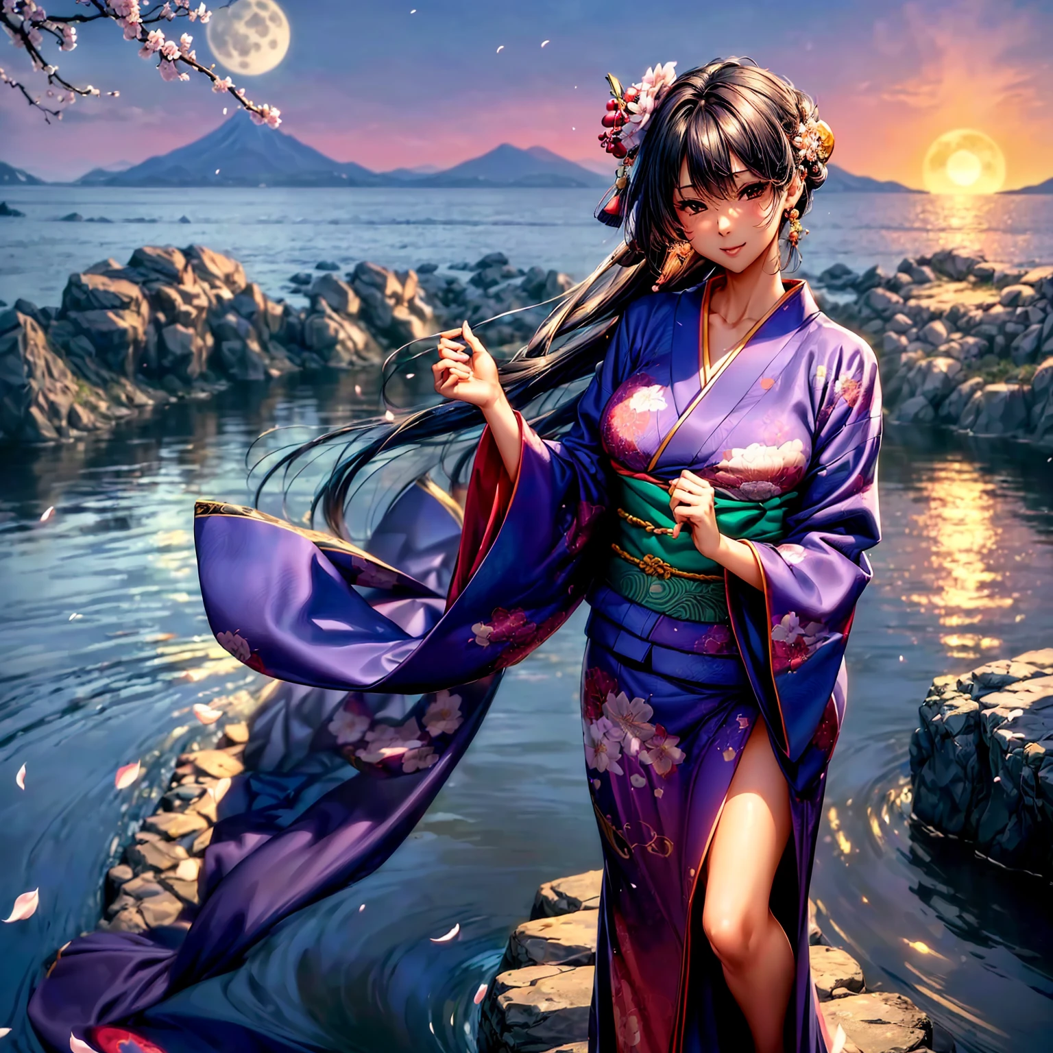 (((highest quality、masterpiece、highly detailed images,very high resolution)))、(A woman of perfect and ultimate beauty:18-year-old,beautiful face:smile、beautiful hair:Japanese hair decoration、beautiful body:Slender and beautiful breasts)、(best skin and hair texture)、(Beautiful Japan kimono:Japanese patterns and colors:Kimono sleeves and obi are long,shoulders are exposed,I can see the cleavage,I can see my thighs,whole body,Hair flutters under the influence of the wind,The sleeves and obi of the kimono flap in the wind.),((Mysterious waterfront:There are beautiful cherry blossoms and waterfalls,Fantastic night sky and beautiful full moon,beautiful scenery,beautiful scenery,Beautiful colors))、bijinga,((beautiful pose,various camera angles、model shoot)),Overall image、accurate anatomy:1.2、accurate image:1.2、highly detailed images、perfect image、Image without defects、natural soft light、beautiful images、(best shot,RAW photo)