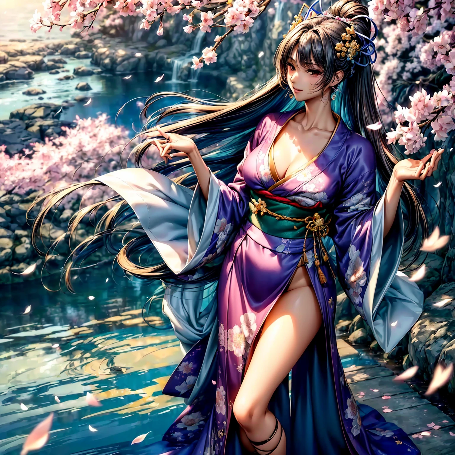 (((highest quality、masterpiece、highly detailed images,very high resolution)))、(A woman of perfect and ultimate beauty:18-year-old,beautiful face:smile、beautiful hair:Japanese hair decoration、beautiful body:Slender and beautiful breasts)、(best skin and hair texture)、(Beautiful Japan kimono:Japanese patterns and colors:Kimono sleeves and obi are long,shoulders are exposed,I can see the cleavage,I can see my thighs,whole body,Hair flutters under the influence of the wind,The sleeves and obi of the kimono flap in the wind.),((Mysterious waterfront:There are beautiful cherry blossoms and waterfalls,Fantastic night sky and beautiful full moon,beautiful scenery,beautiful scenery,Beautiful colors))、bijinga,((beautiful pose,various camera angles、model shoot)),Overall image、accurate anatomy:1.2、accurate image:1.2、highly detailed images、perfect image、Image without defects、natural soft light、beautiful images、(best shot,RAW photo)
