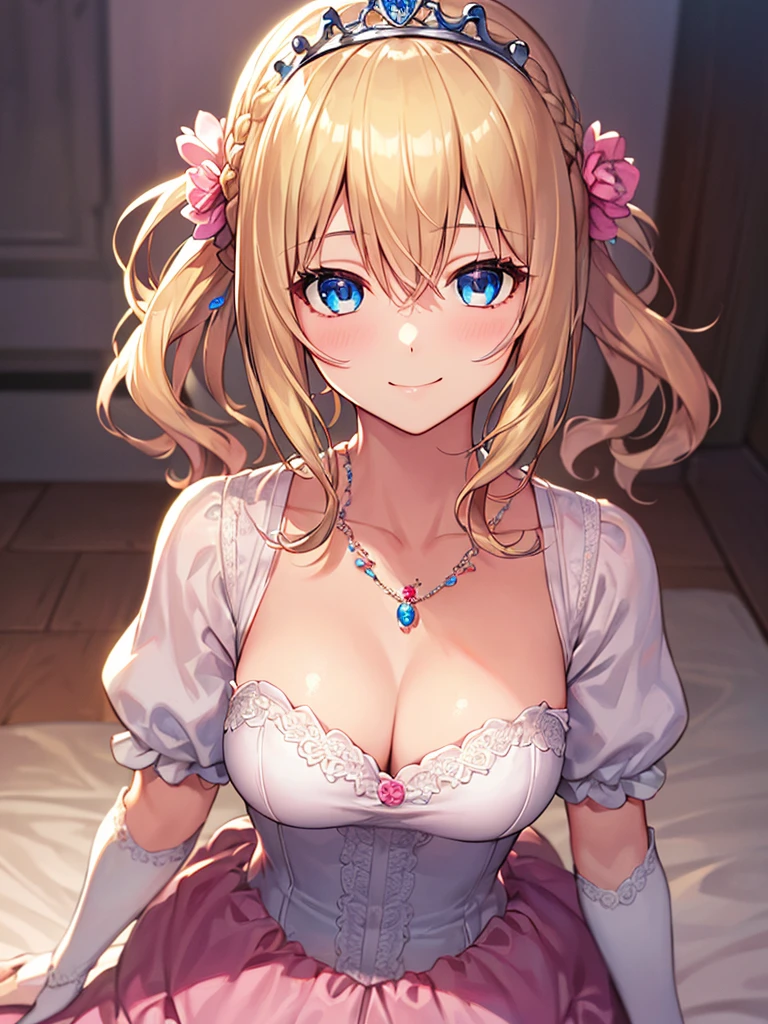 photo realistic, (masterpiece,best quality:1.4),(8k,raw photo,photo realistic:1.2), detailed skin, detailed face,1girl, Princess, cute face, , Not Safe for Work, (raw photo, photo realistic: 1.2), (((half updo))), blue eyes, (blonde hair), light smile, shiny wavy hair, sidelock, curtsey, (Pink ballgown), Pink Princess doress, shortsleeves, a smile, red blush, Doress, Hair Between Eyes, Puffy Sleeves, Bangss, (tiara), (necklace), (bridal gauntlets), foot out of frame, frilld, : q, masterpiece, top-quality, not safe for work, 14-yo, braided bangs, pastel color, rainbow-colored background,