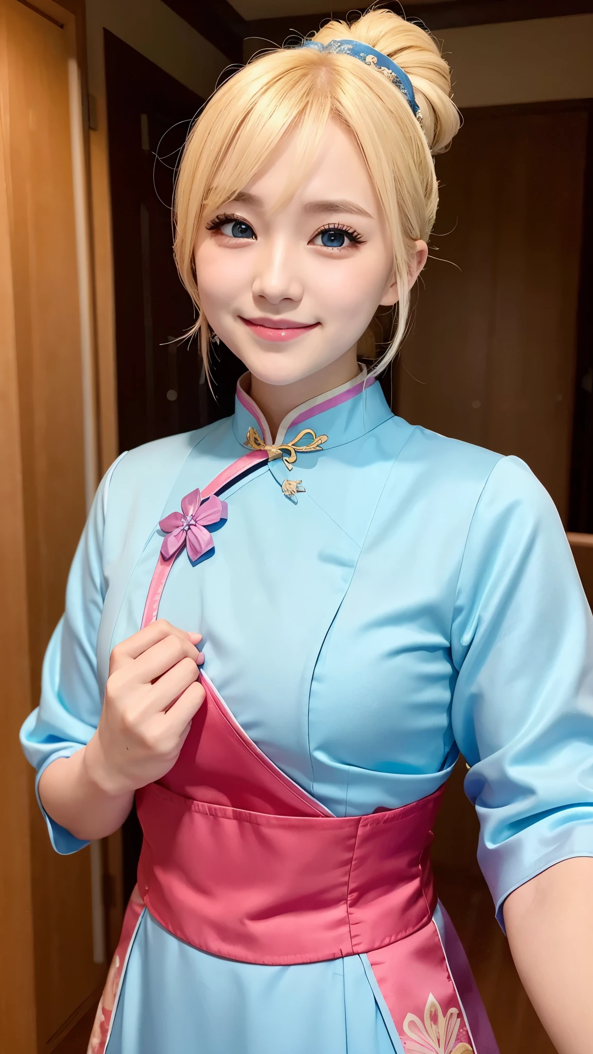she is cosplaying as a princess、blonde short、smile、blue eyes、colorful and flashy cheongsam、ponytail