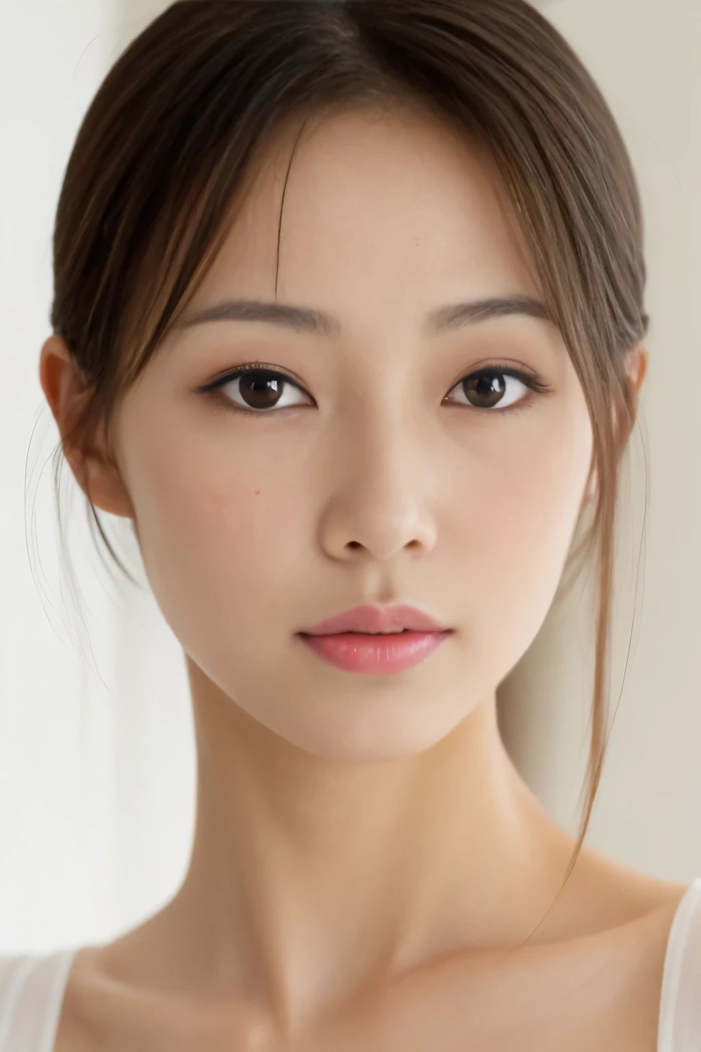 Real Japanese woman, Beautiful Japanese woman, Japanese goddess, Beautiful Japanese woman face, Mature woman, Sexy Japanese woman, Beautiful collarbone, Thin eyes, Single eyelid, Small eyes, Thin eyebrows, 30 years old Japanese woman. Thin eyes, thin eyebrows, low nose, thin lips, brown hair, beautiful full breasts.