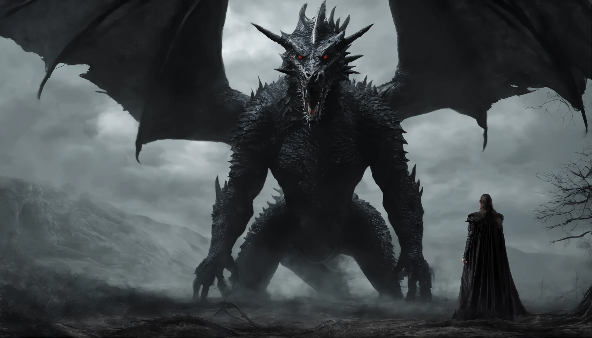 There's a woman dressed in revealing armor standing with a giant dragon behind her, dragon in the background, ultra detailed, photorealistic, masterpiece.