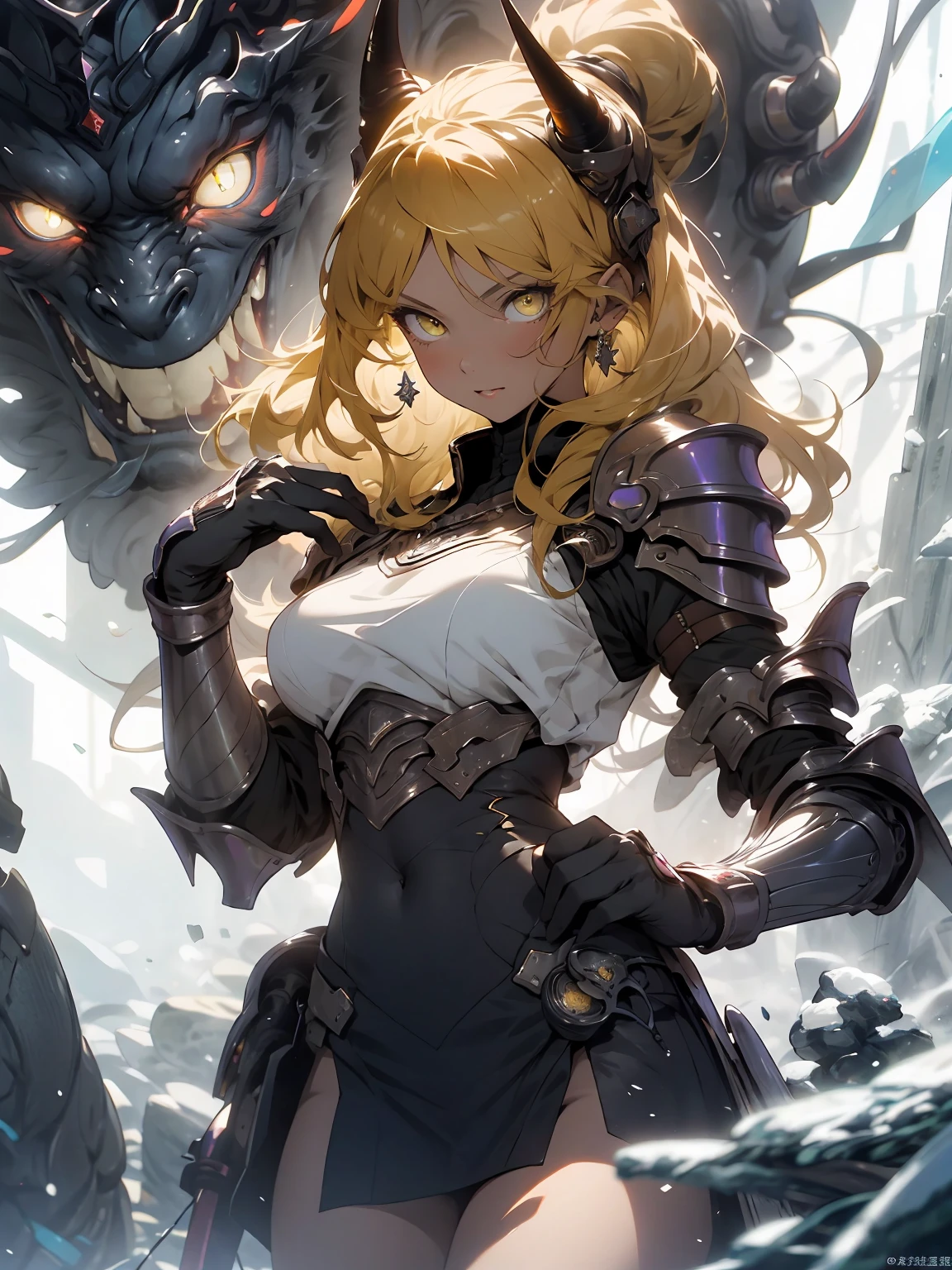 be realistic，（masterpiece，highest quality，highest quality，very detailed，fractal art，most detailed，（the background is abstract：1.5）（1 girl），Kamimei，（yellow hair ponytail），（yellow eyes shine、Breasts get bigger，stunned)，crystallization，sexy、yellow machine armor、tanned skin、Devil's horn、Blake、berserk, （mini skirt)