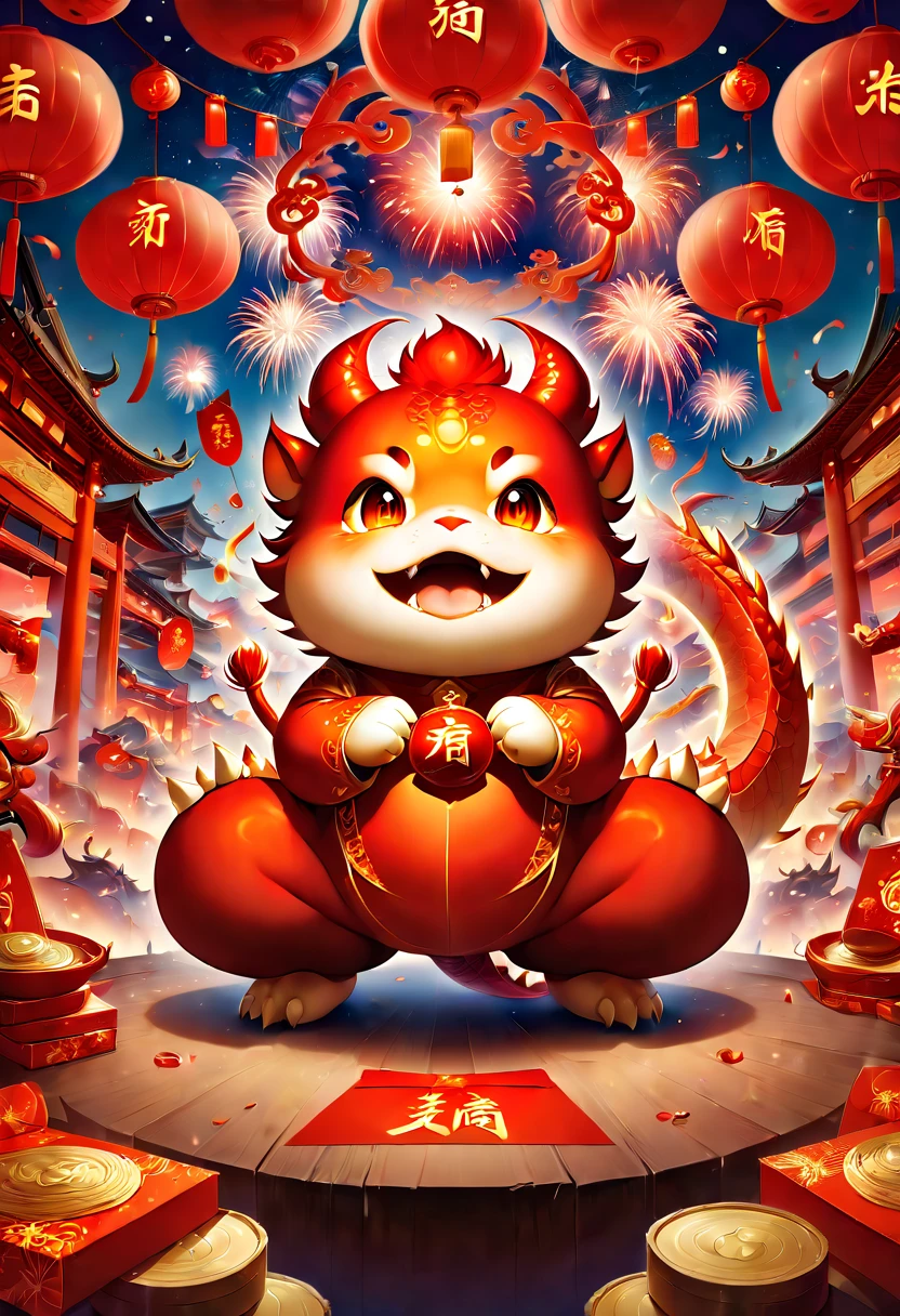 text "China", Chinese New Year "2024", dragon cub mascot, red clothes, Chinese bowing, spit out many golds, red envelopes, fireworks, confetti, strong festive atmosphere, Chinese elements, panoramic view, Ultra high saturation, (best quality, masterpiece, Representative work, official art, Professional, 8k)