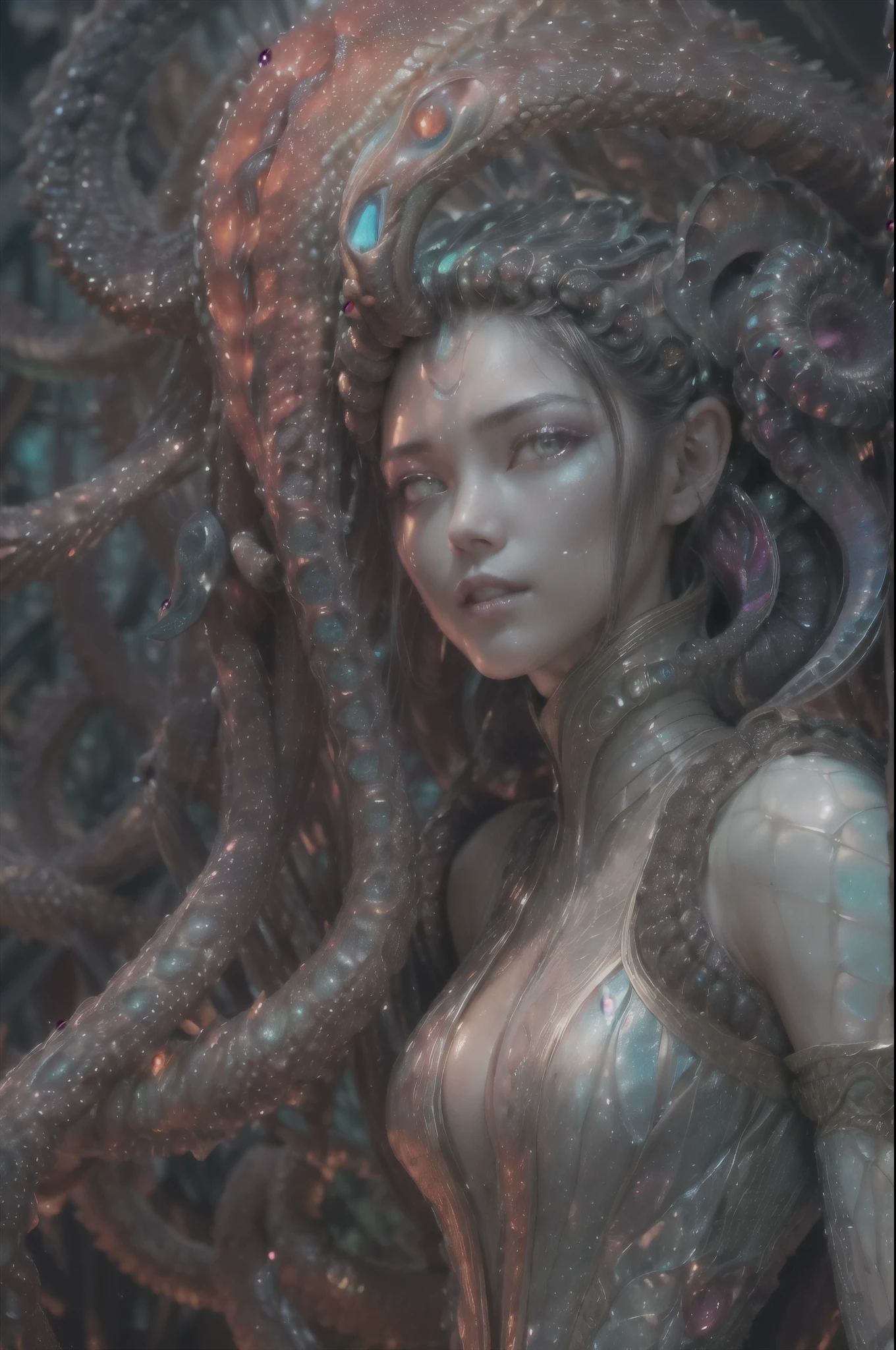 (1 beautiful and obscene female alien:1.4), (There is a female genital-like organ in the middle of her forehead:1.95), She has medusa-like hair, (there are lots of translucent tentacles from her head like her hair:1.5), (vulgarity1.7), (she is looking down at viewers with glowing red eyes with no pupils:1.6), (She has translucent pale skin:1.4),(She has the most beautiful face in the history of the universe:1.2), (She has multiple bioluminescent organs on the side of her tentacles:1.4), (Her body is covered with an iridescent exoskeleton:1.4), (She is showing her arm pits:1.6), an evil gaze that seduces, (looking down at viewers:1.4),(Vampire-like long canine teeth can be glimpsed through the gap between the cute lips:1.4) (bio luminescent:1.4), (Smile wickedly:1.3), (sexypose:1.4), alien, No humans, cells are fused, extraterrestrial, cell, bio image, ultra high resolution, (photos realistic:1.7), (Numerous award-winning masterpieces, with incredible detail, textures and maximum detail), Dramatic Lighting, cinematic quality, (exquisite details:1.2), High freshness, drawing faithfully, (Thick eyebrows:1.2), Beautiful eyes with fine symmetry,(Highly detailed face and eyes:1.2),(Super detailed skin quality feeling:1.4), perfect anatomy, (Beautiful toned body:1.5), (Moist skin:1.2), not wearing makeup, (dark circles:1.1), long canines, cinematic drawing of characters, cinematic quality, (exquisite details:1.2), high resolution, High freshness, drawing faithfully, official art, Unity 8K Wall paper, ultra detailed artistic photography, midnight aura, unreal engine 5, Ultra Sharp Focus, art by Amano Yoshitaka, ArtGerm, ultra realistic realism, dream-like, Creation of fantasy, dream Snail, (biopunk nautilus:1.3),Thrilling color schemes, seductively smiling, Amazing mutation, well-proportioned body, goddess of the deep sea, fractal, Geometric pattern, impossible figures, subtle emerald green accents, (expression of ecstasy:1.4), (beautiful small breast and nipples:1.2)