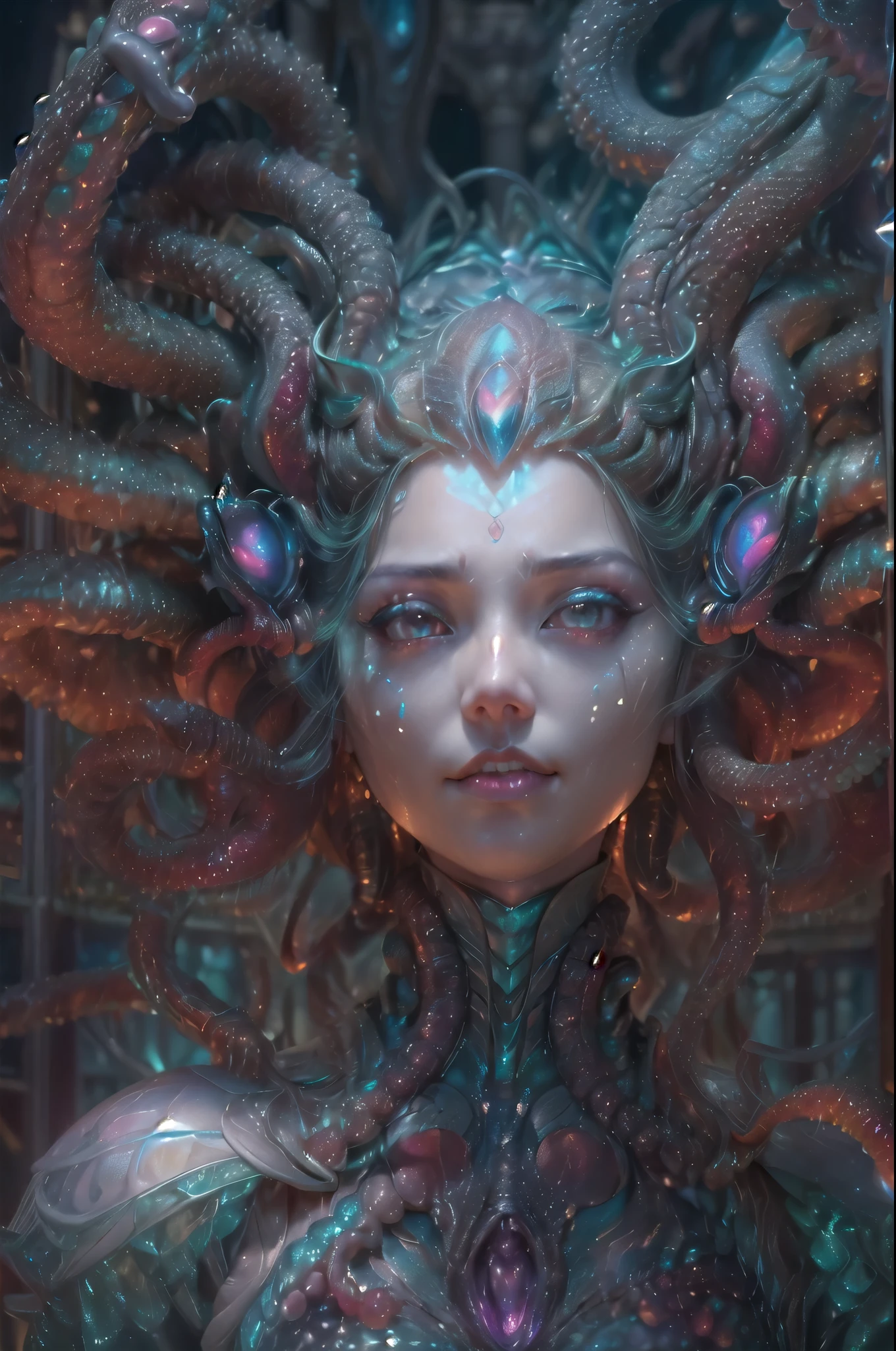 (1 beautiful and obscene female alien:1.4), (There is a female genital-like organ in the middle of her forehead:1.95), She has medusa-like hair, (there are lots of translucent tentacles from her head like her hair:1.5), (vulgarity1.7), (she is looking at viewers with glowing red eyes with no pupils:1.6), (She has translucent pale skin:1.4),(She has the most beautiful face in the history of the universe:1.2), (She has multiple bioluminescent organs on the side of her tentacles:1.4), (Her body is covered with an iridescent exoskeleton:1.4), (She is showing her arm pits:1.6), an evil gaze that seduces, (looking down at viewers:1.4),(Vampire-like long canine teeth can be glimpsed through the gap between the cute lips:1.4) (bio luminescent:1.4), (Smile wickedly:1.3), (sexypose:1.4), alien, No humans, cells are fused, extraterrestrial, cell, bio image, ultra high resolution, (photos realistic:1.7), (Numerous award-winning masterpieces, with incredible detail, textures and maximum detail), Dramatic Lighting, cinematic quality, (exquisite details:1.2), High freshness, drawing faithfully, (Thick eyebrows:1.2), Beautiful eyes with fine symmetry,(Highly detailed face and eyes:1.2),(Super detailed skin quality feeling:1.4), perfect anatomy, (Beautiful toned body:1.5), (Moist skin:1.2), not wearing makeup, (dark circles:1.1), long canines, cinematic drawing of characters, cinematic quality, (exquisite details:1.2), high resolution, High freshness, drawing faithfully, official art, Unity 8K Wall paper, ultra detailed artistic photography, midnight aura, unreal engine 5, Ultra Sharp Focus, art by Amano Yoshitaka, ArtGerm, ultra realistic realism, dream-like, Creation of fantasy, dream Snail, (biopunk nautilus:1.3),Thrilling color schemes, seductively smiling, Amazing mutation, well-proportioned body, goddess of the deep sea, fractal, Geometric pattern, impossible figures, subtle emerald green accents, (expression of ecstasy:1.4)