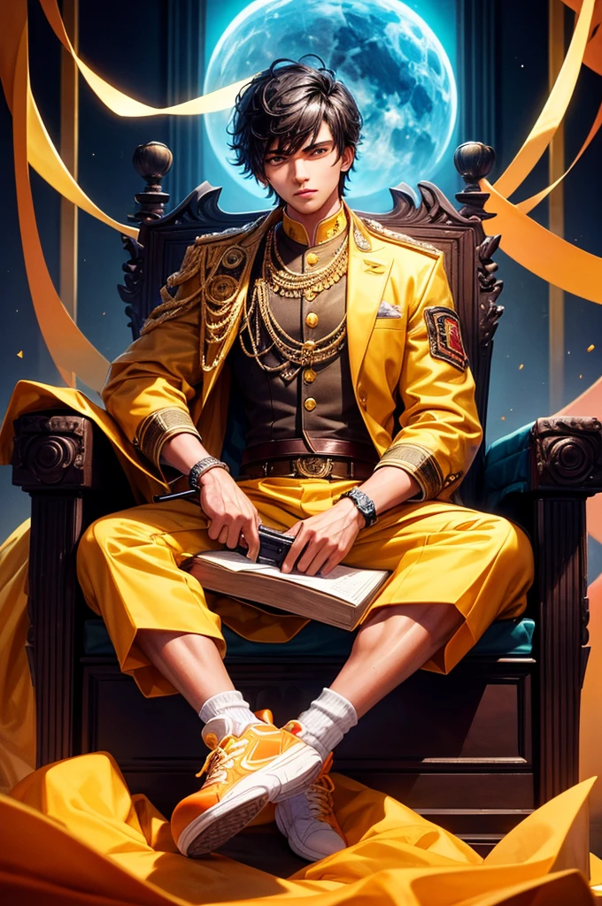 Create a 3D illustration for a profile picture where a 20 year old Desi indian boy in a yellow jacket sitting casually on a King of Beast Throne chair. With a rifle on hand. and a ferocious Lion by my side. Wearing sneakers, He looks ahead. The background features " anil singh " in big and capital orange neon light fonts on the dark grey moon. There should not be his shadow, and there are read wings to make it appear as if he is an angel.