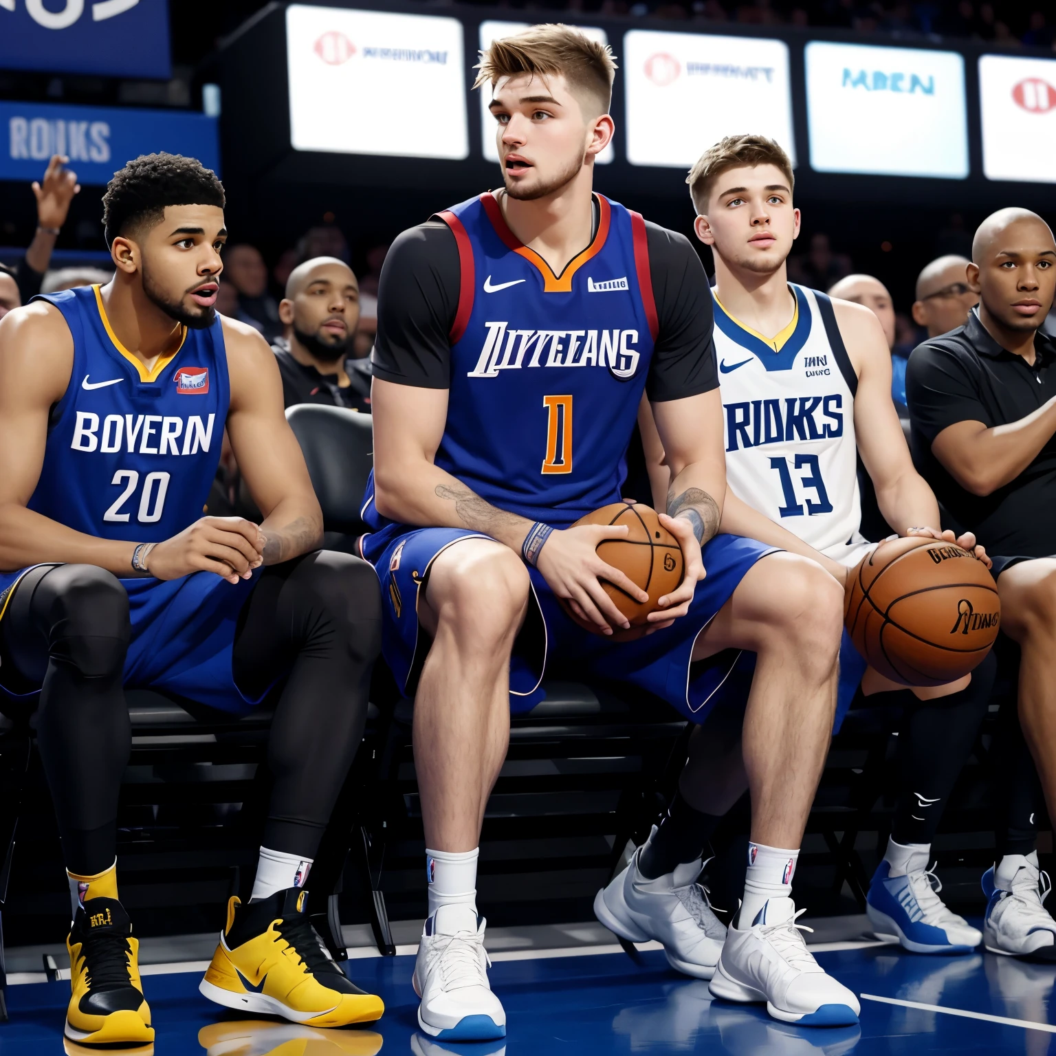NBA player Luka doncic who looks very fat is sitting on top of kyrie irving