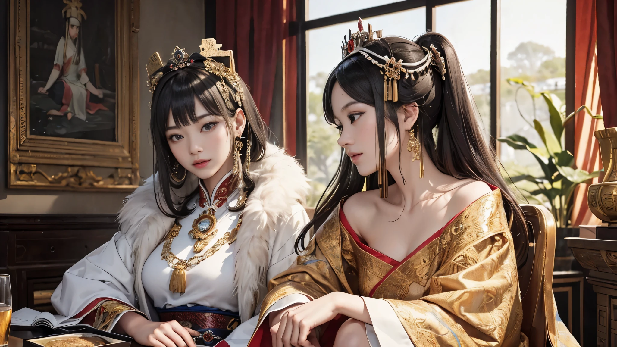 (8K, RAW photo, highest quality, masterpiece: 1.2), (realistic, realistic: 1.37), 1 girl, ancient China、In a room in the imperial court at the end of the Later Han Dynasty、The empress is sitting in a luxurious chair。The empress is華やかな服装で神々It has a nice aura of atmosphere.。The empress is綺麗な顔立ちで、She is wearing the fashionable hair ornaments of the time.。The empress is、He is smiling and facing forward.。