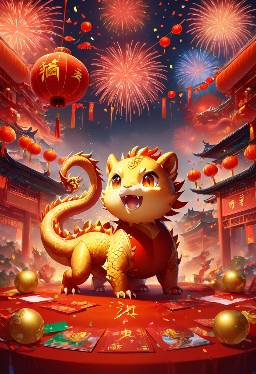 text "China", Chinese New Year "2024", dragon cub mascot, red clothes, Chinese bowing, spit out many golds, red envelopes, fireworks, confetti, strong festive atmosphere, Chinese elements, panoramic view, Ultra high saturation, (best quality, masterpiece, Representative work, official art, Professional, 8k)