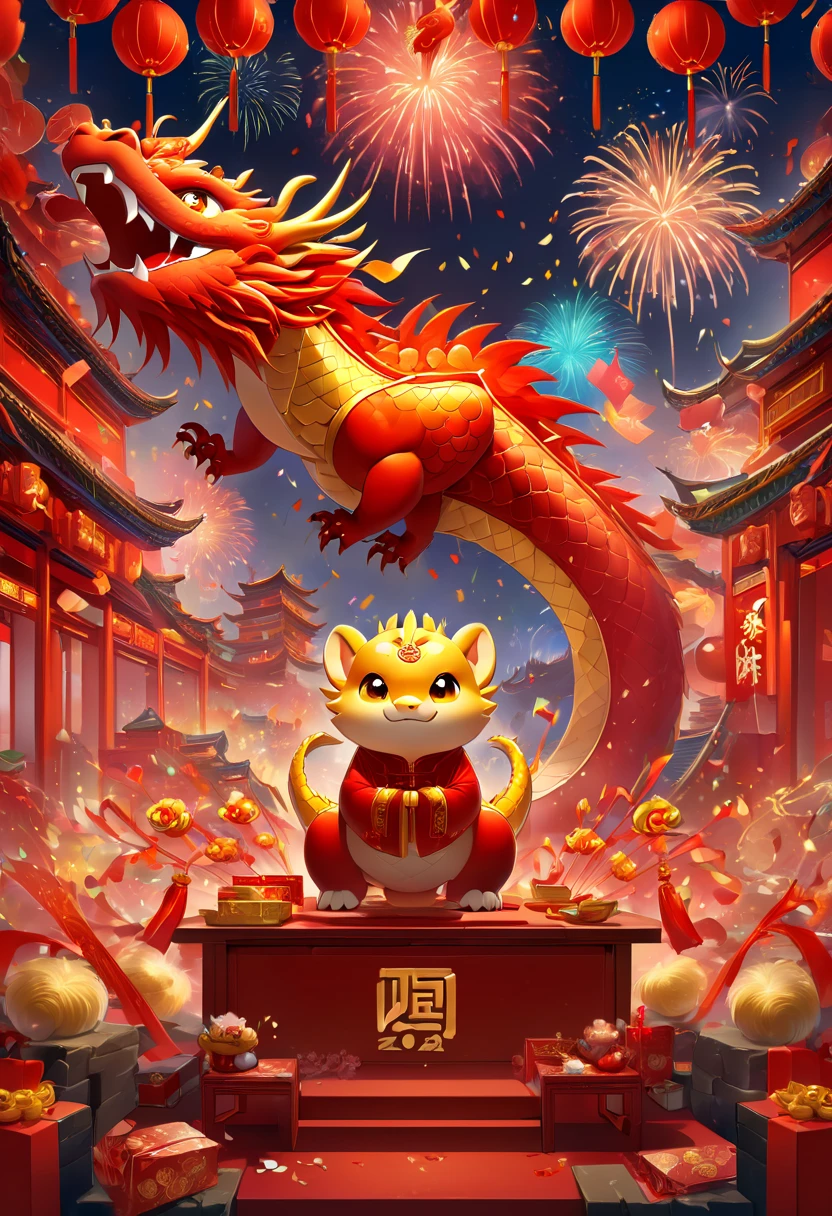 text "China", Chinese New Year "2024", dragon cub mascot, red clothes, Chinese bowing, spit out many golds, red envelopes, fireworks, confetti, strong festive atmosphere, Chinese elements, panoramic view, Ultra high saturation, (best quality, masterpiece, Representative work, official art, Professional, 8k)