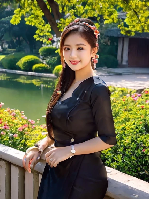 masterpiece, best quality, girl, solo, ((mature female)),, long hair, hair, princess, black dress(dress) (golden dress) fantasy, happy, looking at viewer, cartoon, anime, (oil painting)Burmese girl, 18 years old, Bagan pagoda view background, clear Hd 8k