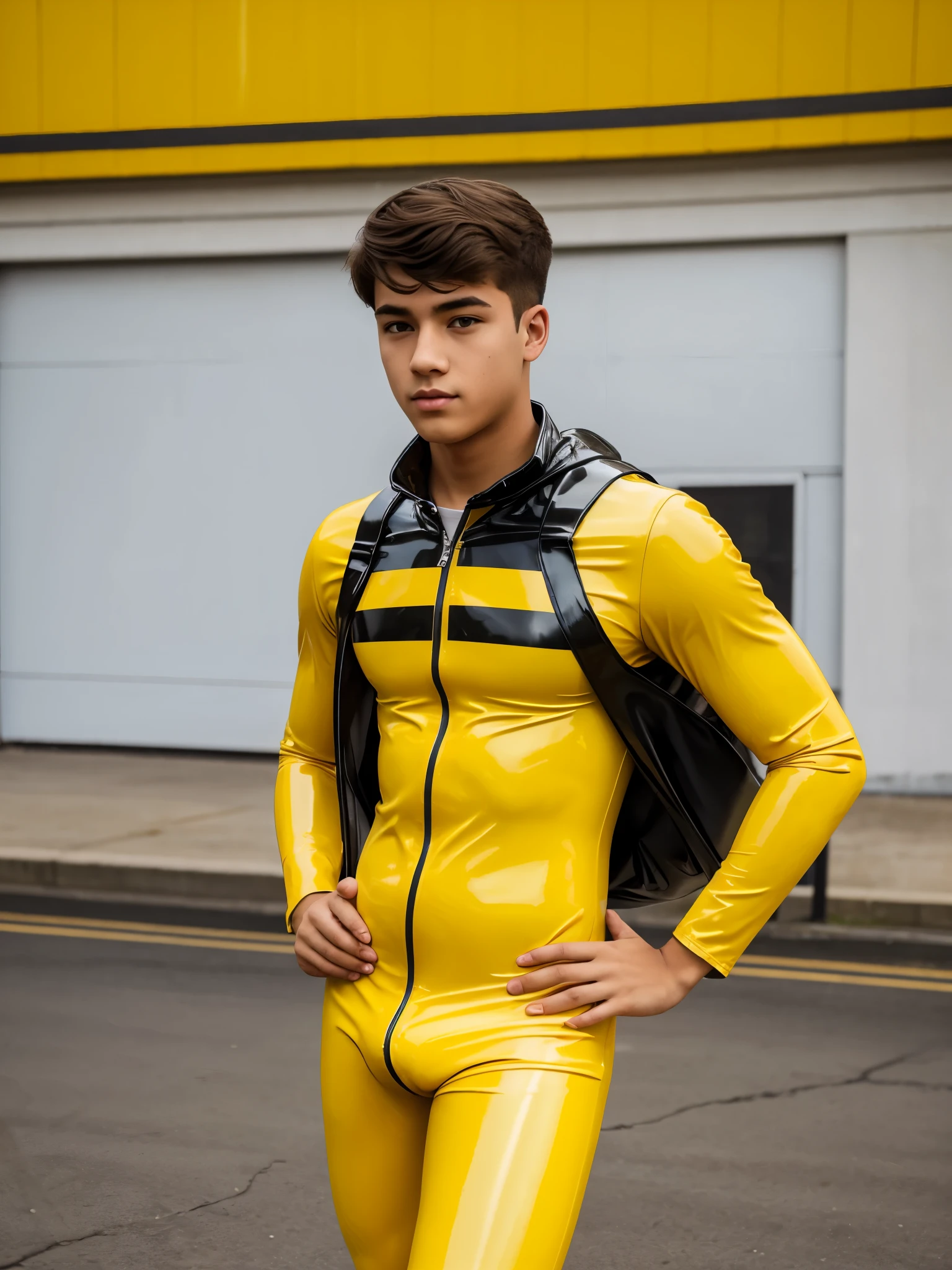 A high school boy wearing yellow latex catsuit 