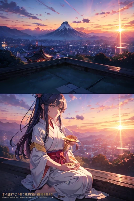 Mountains with sunset and a few clouds in the distance,beautiful Japanese cartoons scenes,Anime landscapes,Your name,Your name风格,Japanese cartoons beautiful peace scene,Xin Haicheng,(Xin Haicheng),high resolution,Super detailed,actual:1.37,bright colors,human development report,ultra high definition,studio lighting,Beautiful and delicate eyes,Beautiful and delicate lips,Extremely detailed eyes and face,long eyelashes,landscape,Japanese cartoons,beautiful photography,sunset lights 8k,Studio Ghibli Sunshine Apartment,beautiful Japanese cartoons scenery,primetime movies,beautiful photography, ( ( a scene from "Your name" ) )