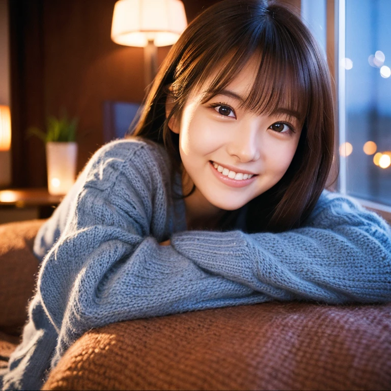 The face of a beautiful Japanese female idol posing like a model and smiling slightly. Focal length 100mmf/2.8, early winter night, living room on the upper floor of a tower apartment, sweater and jeans, close-up of eyes, film quality.