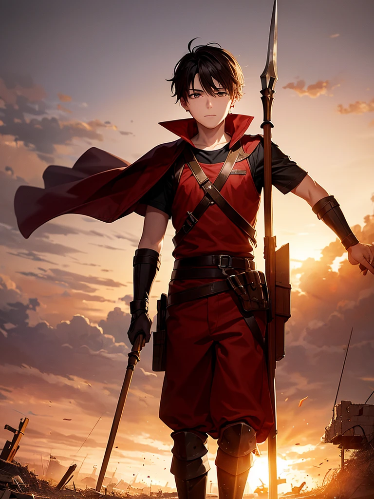 16 year old boy with a red theme outdoors in the yellowish sunset amidst the destruction of war all with a medieval theme the boy is holding a spear ,He is in the middle of the battlefield with his eyes shining 