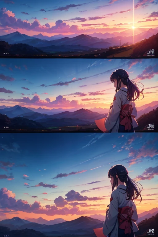 Mountains with sunset and a few clouds in the distance,beautiful Japanese cartoons scenes,Anime landscapes,Your name,Your name风格,Japanese cartoons beautiful peace scene,Xin Haicheng,(Xin Haicheng),high resolution,Super detailed,actual:1.37,bright colors,human development report,ultra high definition,studio lighting,Beautiful and delicate eyes,Beautiful and delicate lips,Extremely detailed eyes and face,long eyelashes,landscape,Japanese cartoons,beautiful photography,sunset lights 8k,Studio Ghibli Sunshine Apartment,beautiful Japanese cartoons scenery,primetime movies,beautiful photography, ( ( a scene from "Your name" ) )