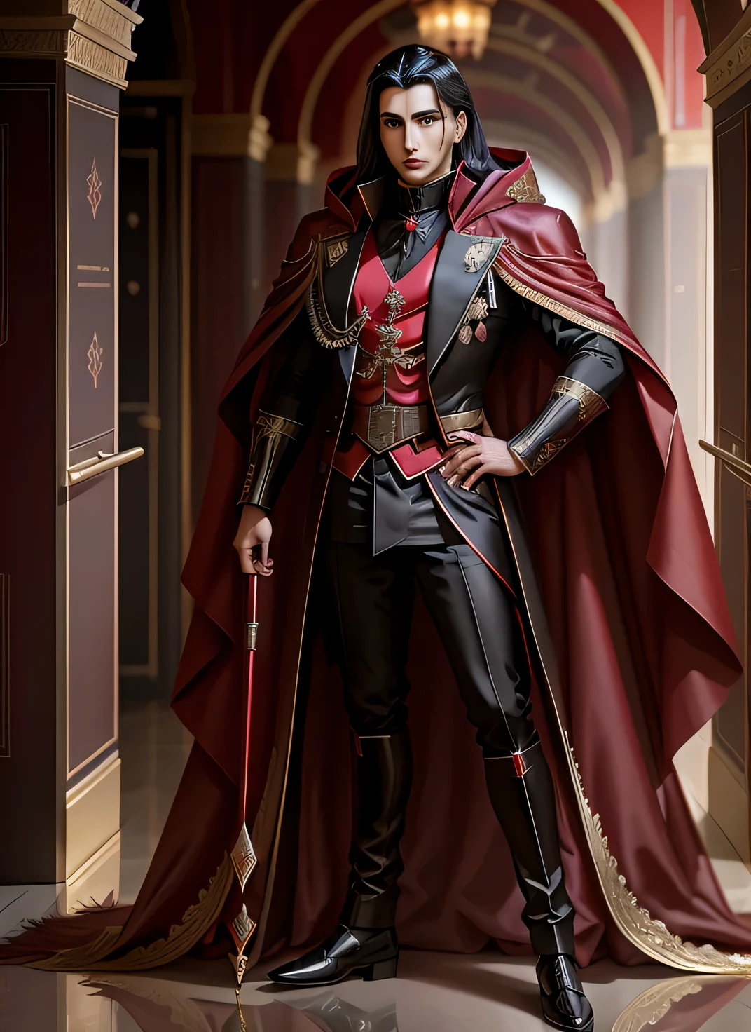 Alafid male wearing red cloak and black clothes standing in corridor, thomas koppi and wlop, Majesty in noble attire, As seen on artstation, beautiful androgynous prince, robot aristocrat, dress up as emperor, Alucard, Popular topics on Artstation:3, full body portrait, Popular topics on Artstation，black hair