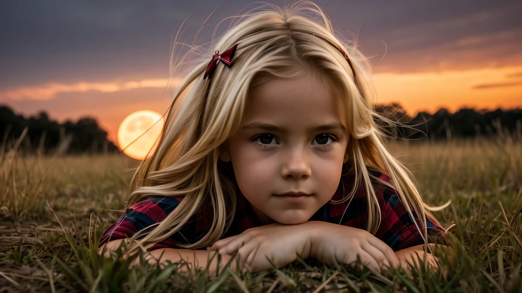 KIDS BLONDE VAMPIRE CLOSE UP, a red full moon rising over a road in the middle of a field, epic red - orange moonlight,