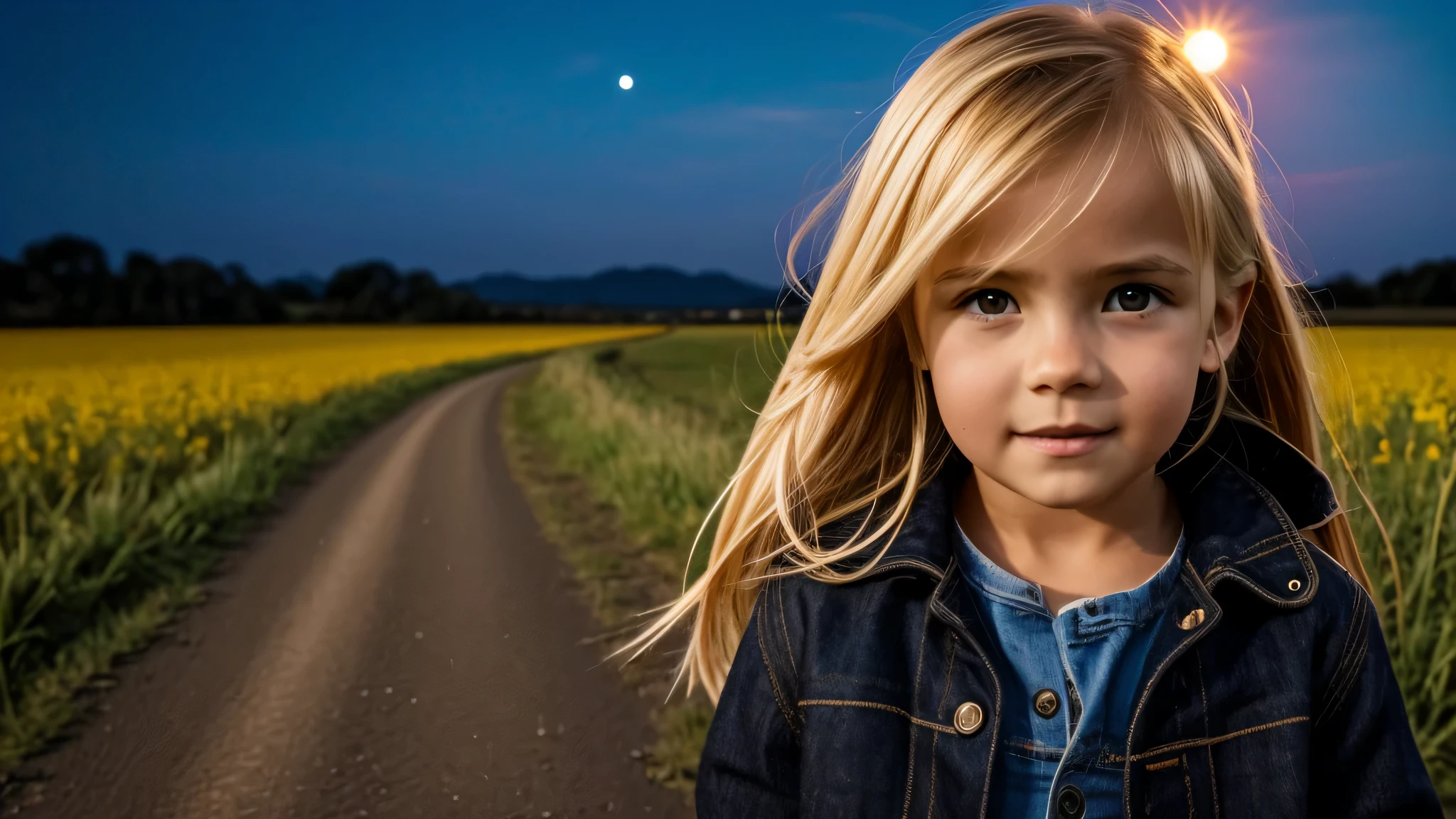 ((best quality)), ((Meisterwerk)), (Detailliert), Perfektes Gesicht,  girl in front of mountains at dusk, Kizi, 18 Jahre alt, dreamy look, blondes Haar, blaue Augen, runny, kleine Brust, Kleiner Hintern, offene Bluse, vor Bergen, bei Sonnenuntergang