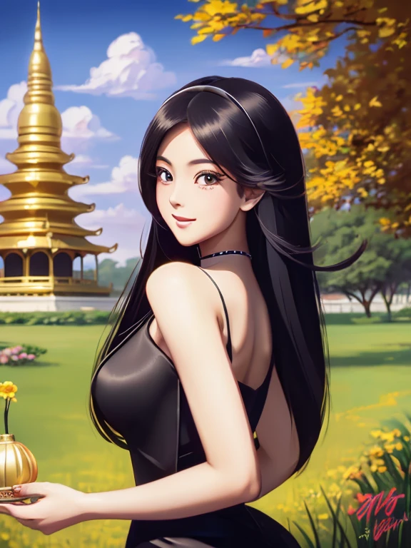 masterpiece, best quality, girl, solo, ((mature female)),, long hair, hair, princess, black dress(dress) (golden dress) fantasy, happy, looking at viewer, cartoon, anime, (oil painting)Burmese girl, 18 years old, Bagan pagoda view background, clear Hd 8k