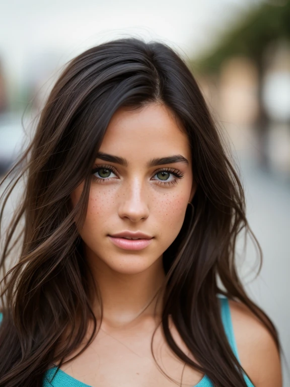 a photorealistic portrait of a 26-year-old brunette girl with long dark hair and striking green eyes. face of the lens. pretty and glamour. with a freckle. Origin spanish. Very detailed eyes. highly detailed, sharp focus, detailed skin, realistic skin texture, texture, She should have a natural, approachable expression and be illuminated by soft, golden-hour sunlight. shopping in a light summer dress and heels. She has a purse on her left shoulder and an iPhone in her right hand., professionnel, 8k, HD , la photographie, Film, cinematic, all body, Realistic, (8K, Photo brute, best quality, chef-d'artwork:1.2), (Realistic, photo-Realistic:1.33), natural lighting, profondeur de champ, grain de film, pointu, détaillé et Realistic , dehors, soft natural lighting, photographie magique, photographic realism, Ultra-detailed, Leica 50mm,