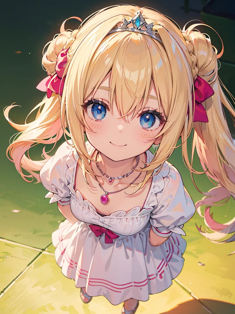 photo realistic, (masterpiece,best quality:1.4),(8k,raw photo,photo realistic:1.2), detailed skin, detailed face,1girl, Princess, cute face, Not Safe for Work, (raw photo, photo realistic: 1.2), 
(((half updo))), blue eyes, (blonde hair), light smile, shiny wavy hair, sidelock, curtsey, (Pink ballgown), Pink Princess doress, shortsleeves, a smile, red blush, Doress, Hair Between Eyes,  Puffy Sleeves, Bangss, (tiara), (necklace), (bridal gauntlets), frilld, : q, masterpiece, top-quality, not safe for work, 14-yo, braided bangs, FULL BODY,
pastel color, yellow background,