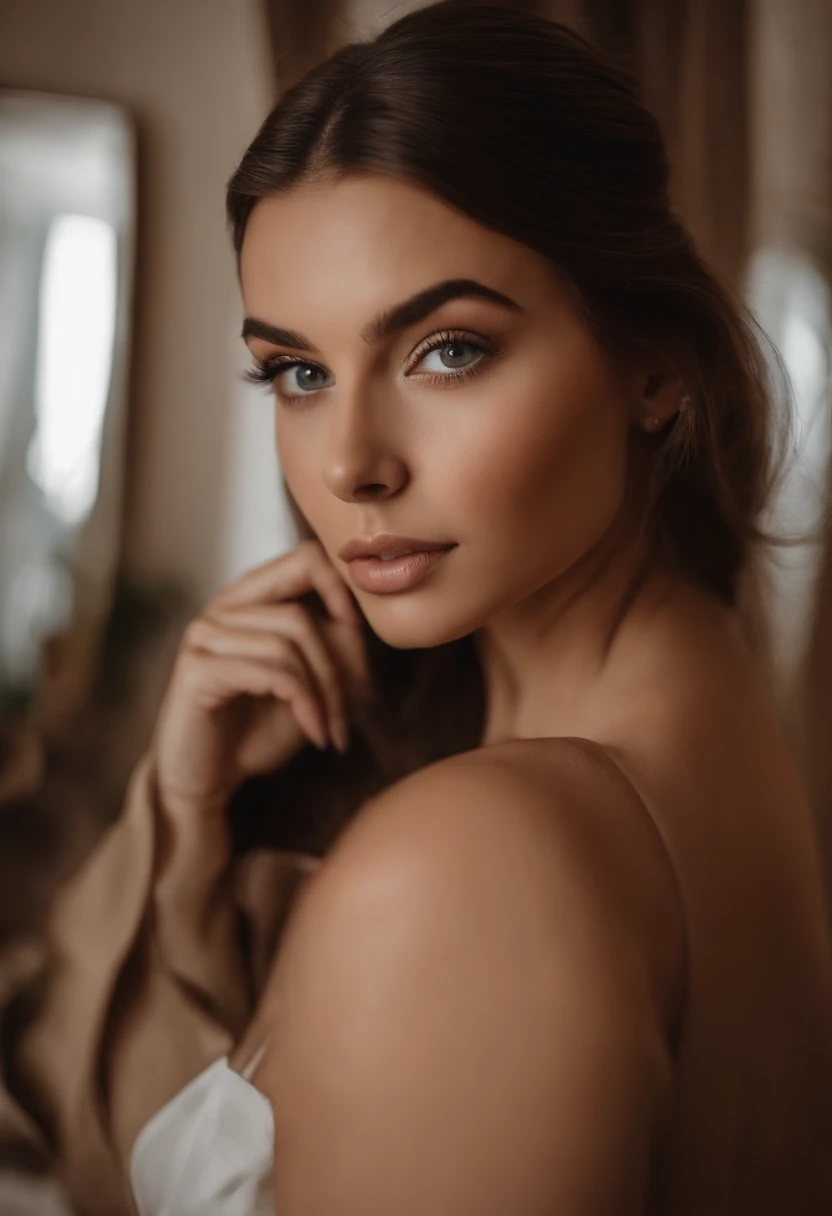 arafed femme pleinement , fille sexy aux yeux bruns, espagnole, ultra réaliste, minutieusement détaillé, Portrait de Sophie Mudd, cheveux bruns et grands yeux, selfie d'une jeune femme, Les yeux de Dubaï, Violette Myers, sans maquillage, Maquillage naturel, regarder directement la caméra, visage avec artgram, maquillage subtil, superbe photo de tout le corps debout dans le miroir, dans la chambre, buste de taille moyenne à grande