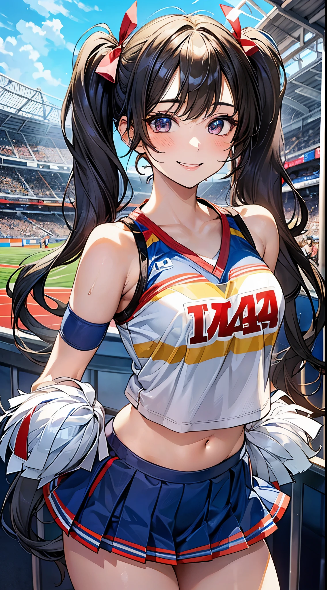 1 girl, japanese, 14 years old, white skin, medium chest, watching the view, (smile:1.5), 
beautiful detailed eyes, (long hair:1.4, twintails:1.7), (navel:1.1)
(cheerleader:1.5), 
(beautiful scenery), day time, (stadium:1.5), 
(8k, top-quality, masterpiece​),