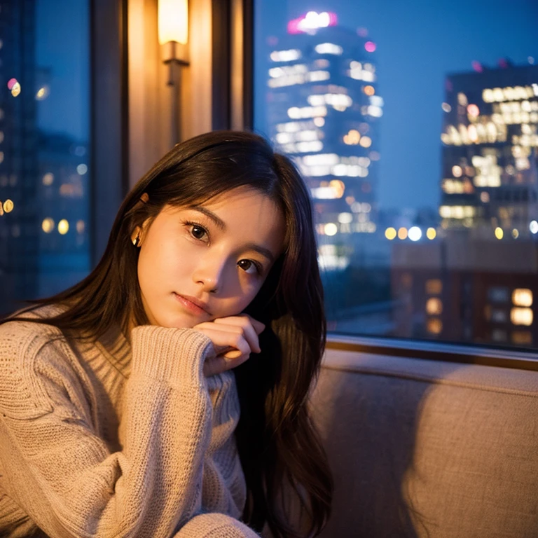 A beautiful Japanese female idol poses like a model by the window. Her focal length is 100mmf/2.8, early winter night, living room on the upper floor of a tower apartment, sweater and jeans, close-up of her eyes, film quality.