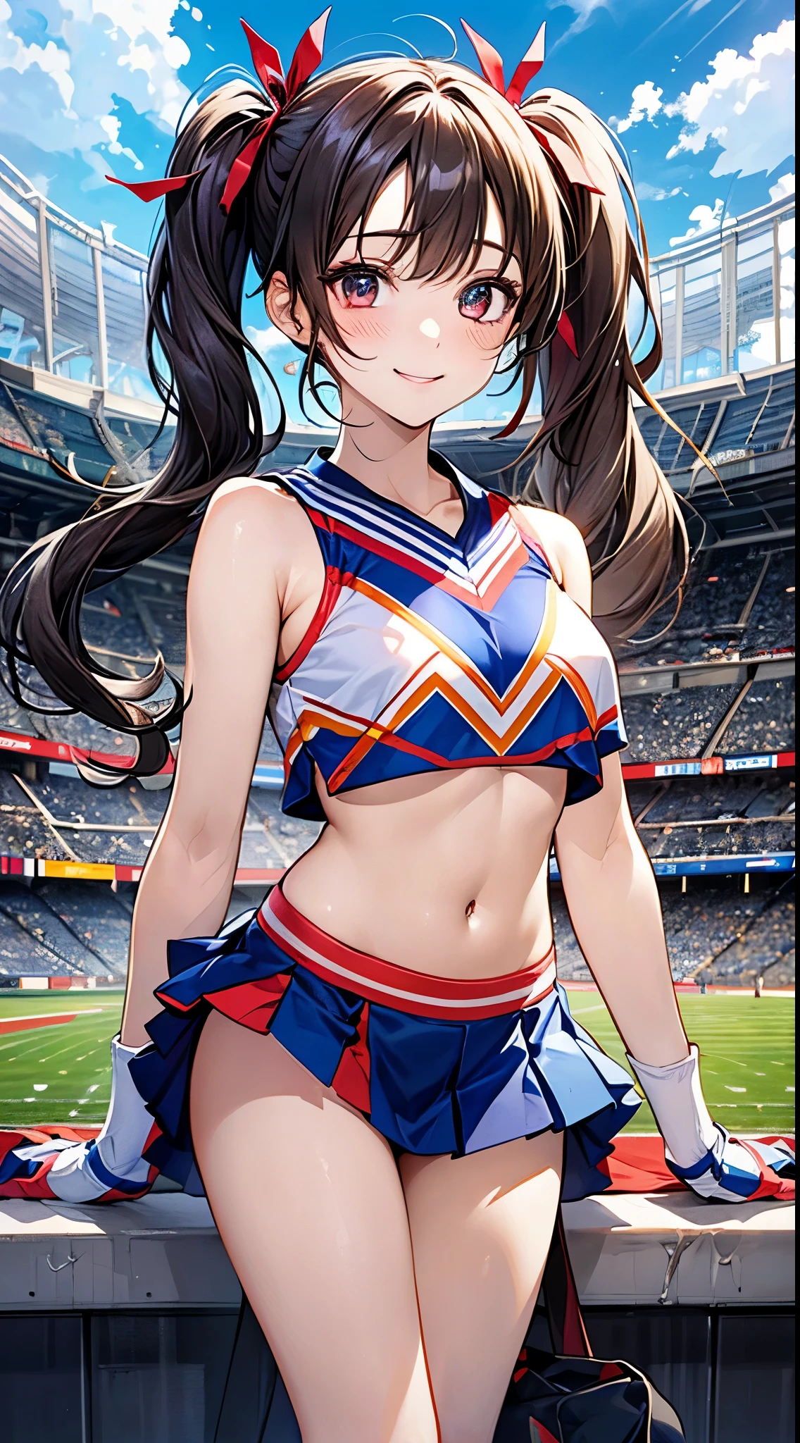 1 girl, japanese, , white skin, medium chest, watching the view, (smile:1.5), 
beautiful detailed eyes, (long hair:1.4, twintails:1.7), (navel:1.1)
(cheerleader:1.5), 
(beautiful scenery), day time, (stadium:1.5), 
(8k, top-quality, masterpiece​),