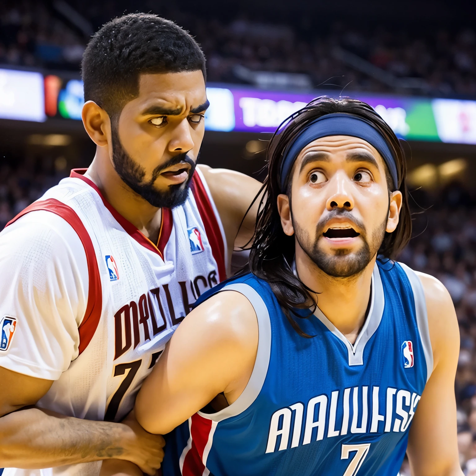 (A very obese Dallas Mavericks player with number 77 on his jersey is trying to consume Kyrie Irving, who is pleading for mercy with tears in his eyes: 1.1)

This image portrays an unusual situation. The foreground is taken up by a massive Dallas Mavericks player, his body overflowing from the frame, wearing the number 77 jersey. His expression is one of determination as he attempts to engulf the smaller figure of Kyrie Irving in the background. Kyrie, dressed in his basketball uniform, is in a state of distress. With tears streaming down his face, he reaches out, imploring for help with an expression of fear.
