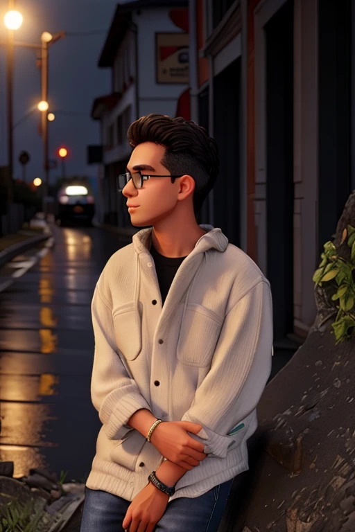 Descreva a cena de um jovem com capuz, wearing a black sweatshirt and jeans, standing on the sidewalk on a rainy night. He is looking at a shiny GTR R35 car passing on the road., Your admiration visible in your eyes. The light from the headlights reflects on the puddles of water around you, enquanto a chuva cai suavemente sobre ele. O som do motor potente ecoa no ar, misturando-se ao som da chuva. The boy remains motionless, captured by the elegance and speed of the car, dreaming of the day when you can be behind the wheel of such an impressive machine.