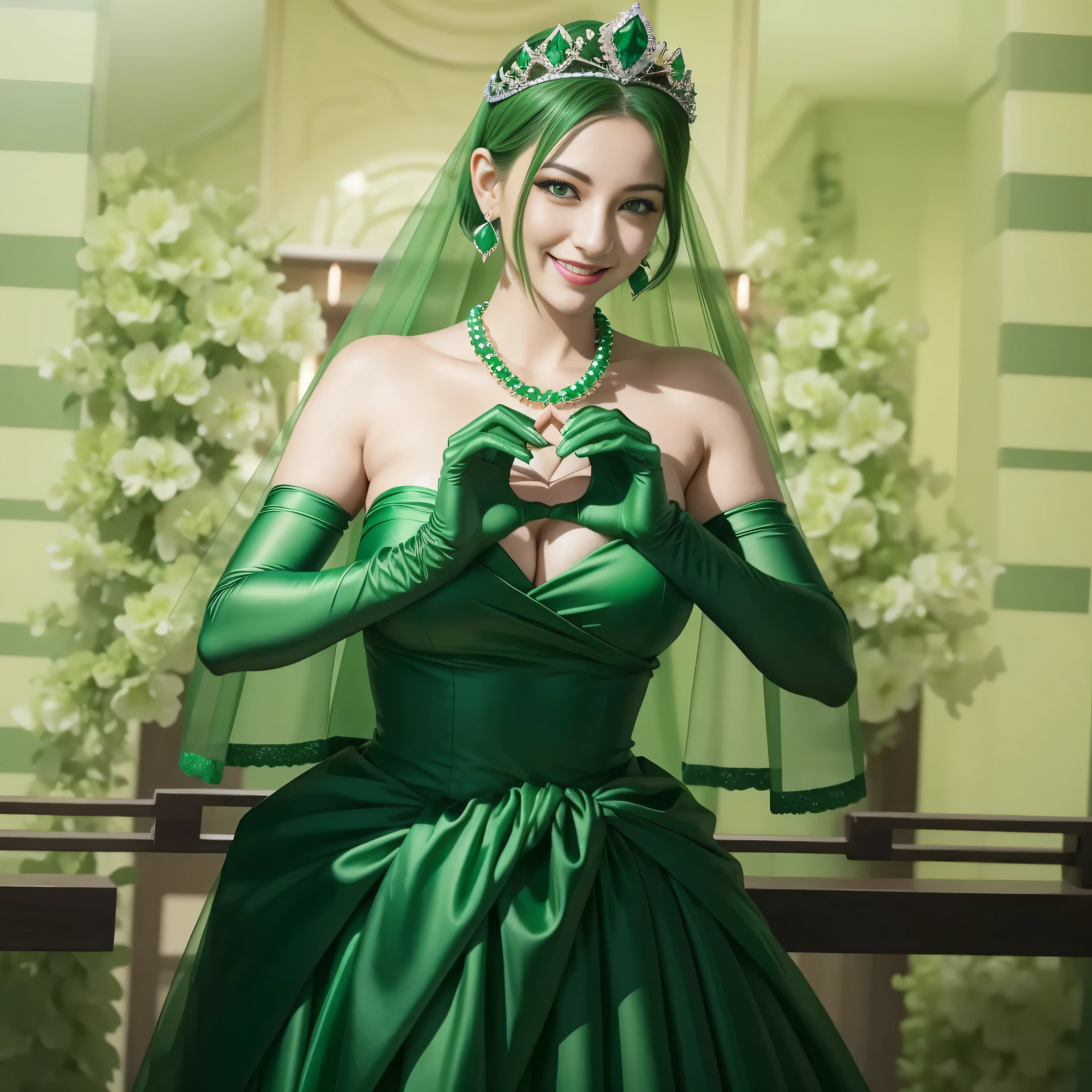 emerald tiara, green pearl necklace, ボーイッシュな非常に短いgreen hair, lipstick, smiling woman, very short hair, Beauty with large breasts, green eyes, Long Green Satin Gloves, green eyes, emerald earrings, green veil, heart with both hands, green hair, Beautiful woman in her 30s, heart shaped hand:1.3