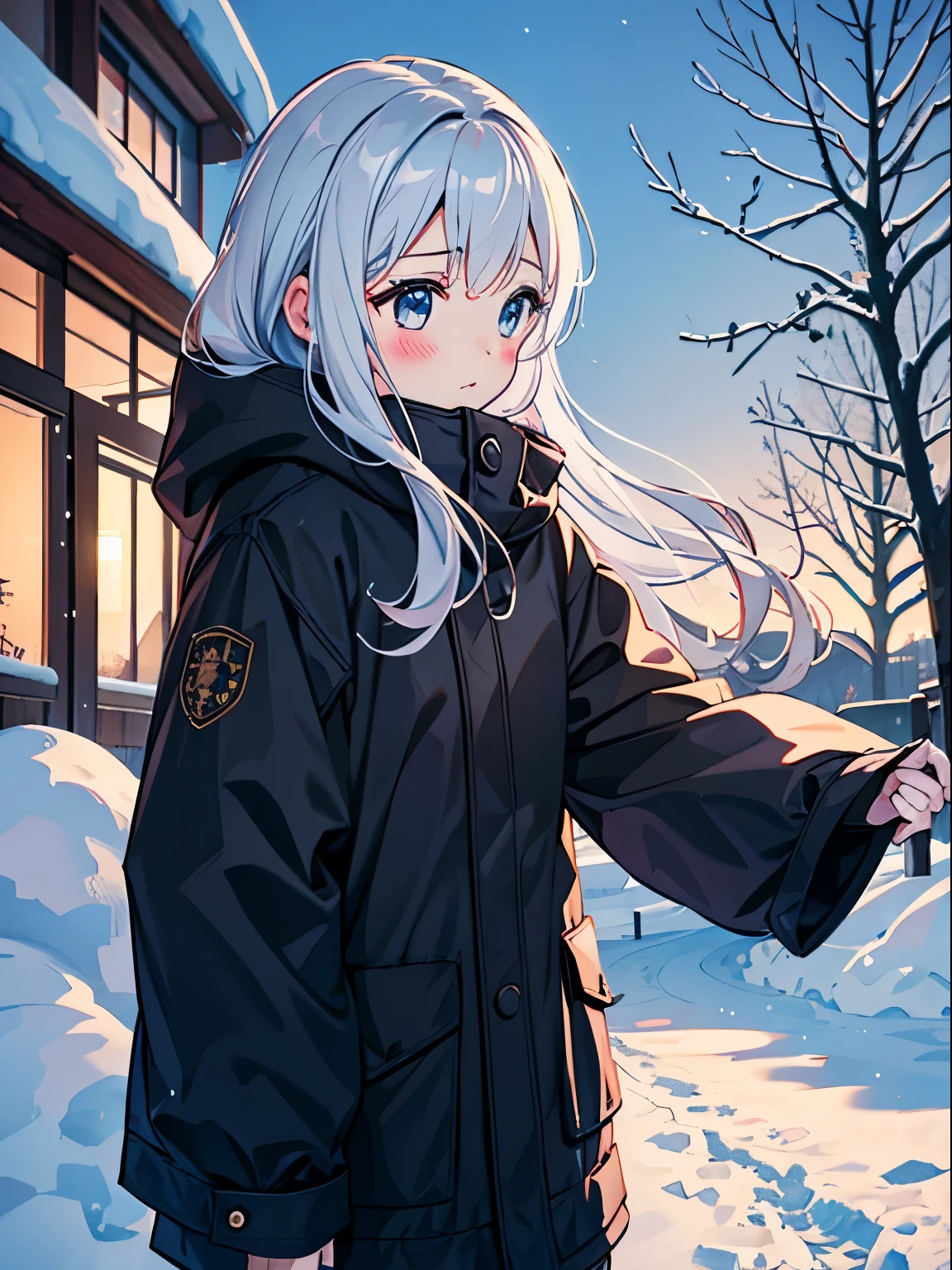 1girl in,Light,Tying hair,Light,Cute,blush,medium breasts, winter, outdoors, warm clothes