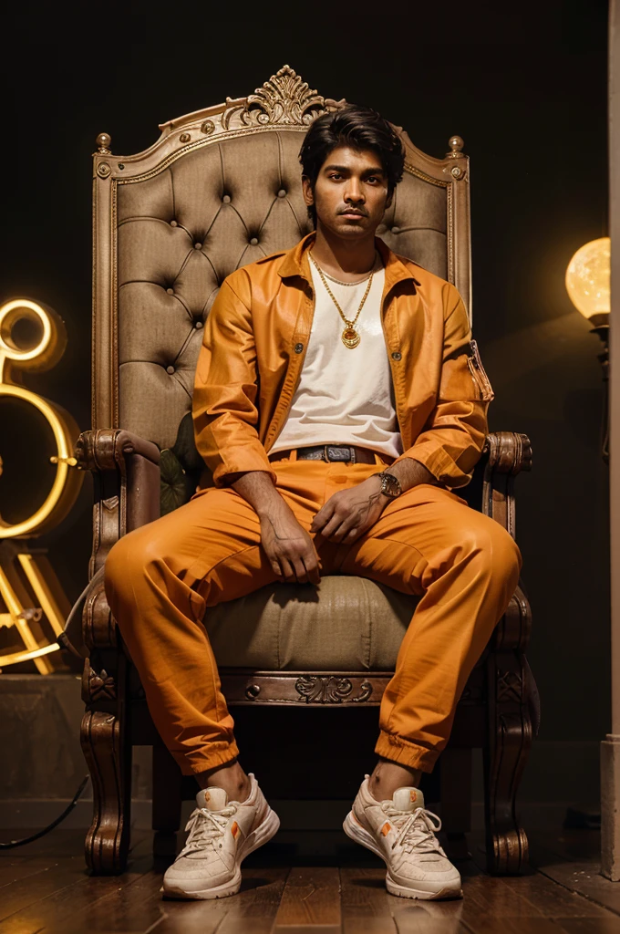 Create a 3D illustration for a profile picture where a 20 year old Desi indian boy in a yellow jacket sitting casually on a King of Beast Throne chair. With a rifle on hand. and a ferocious Lion by my side. Wearing sneakers, He looks ahead. The background features " anil singh " in big and capital orange neon light fonts on the dark grey moon. There should not be his shadow, and there are read wings to make it appear as if he is an angel.