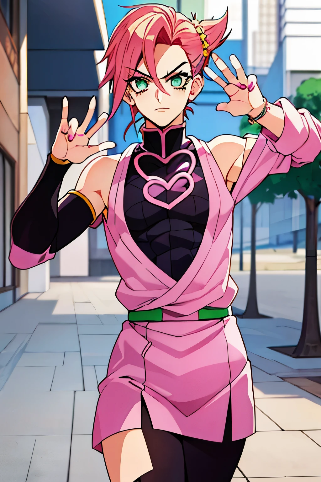 Anime Boy Jojo Style, Hirohiko Araki Style, Mangá Anime Character of Jojo's Bizarre Adventure, Pink HairStyle, Green Eyes, Fashion Clothes, Black Nails, Wind in the image (((Jojo Pose)))