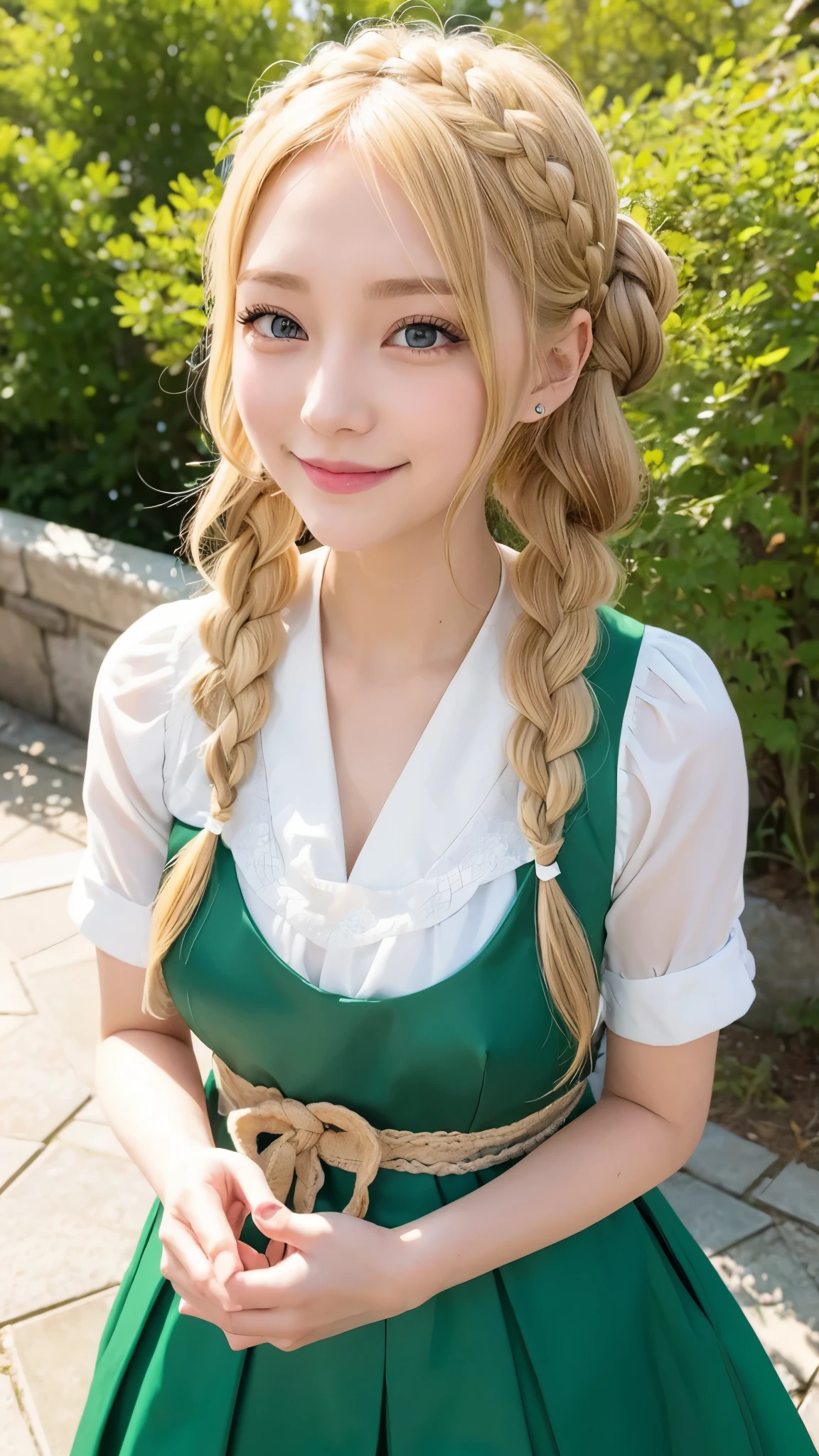 she is cosplaying as a princess、blonde short、smile、green eyes、Braid、