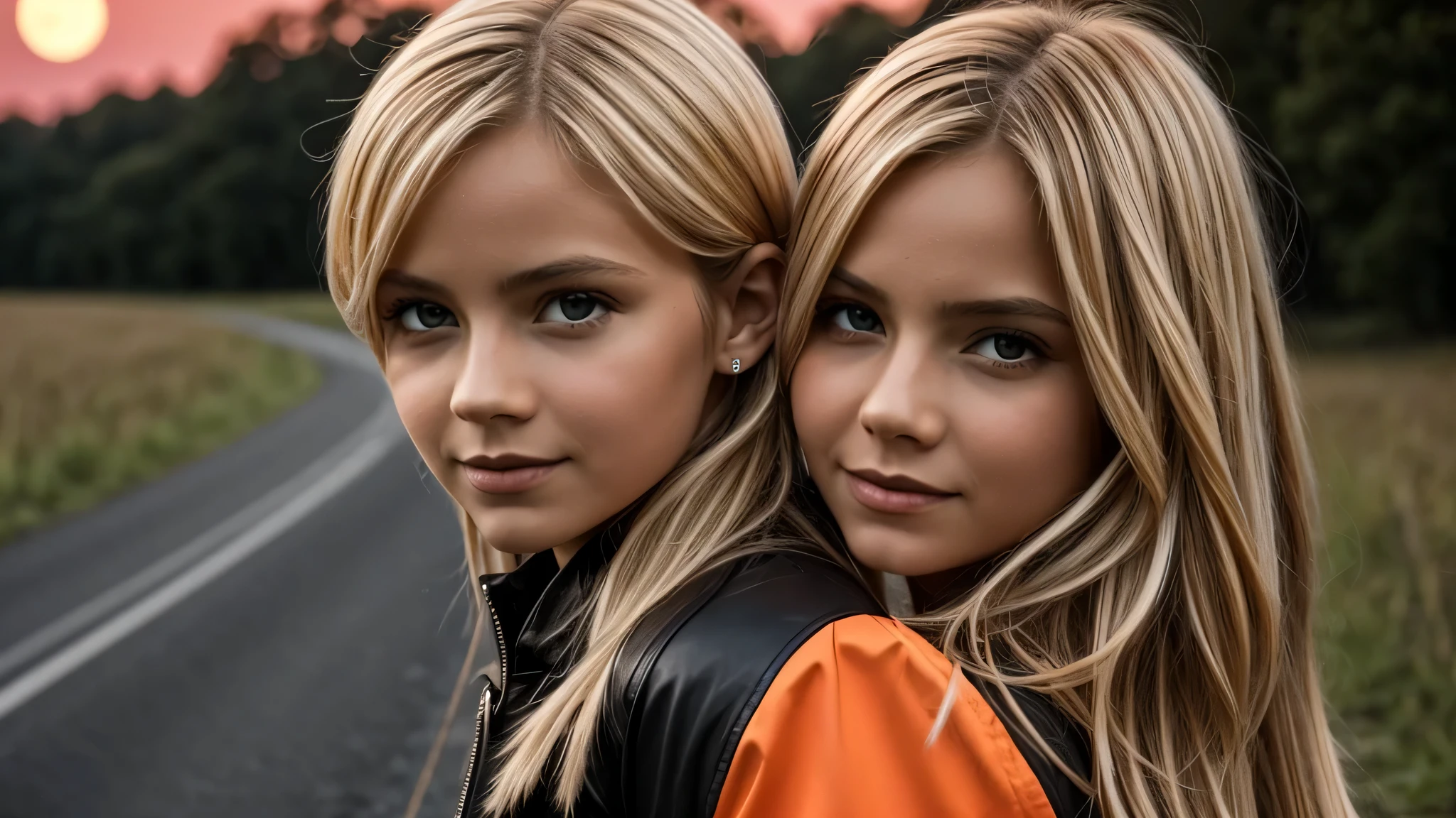 KIDS GIRL BLONDE VAMPIRE CLOSE UP, a red full moon rising over a road in the middle of a field, epic red - orange moonlight,