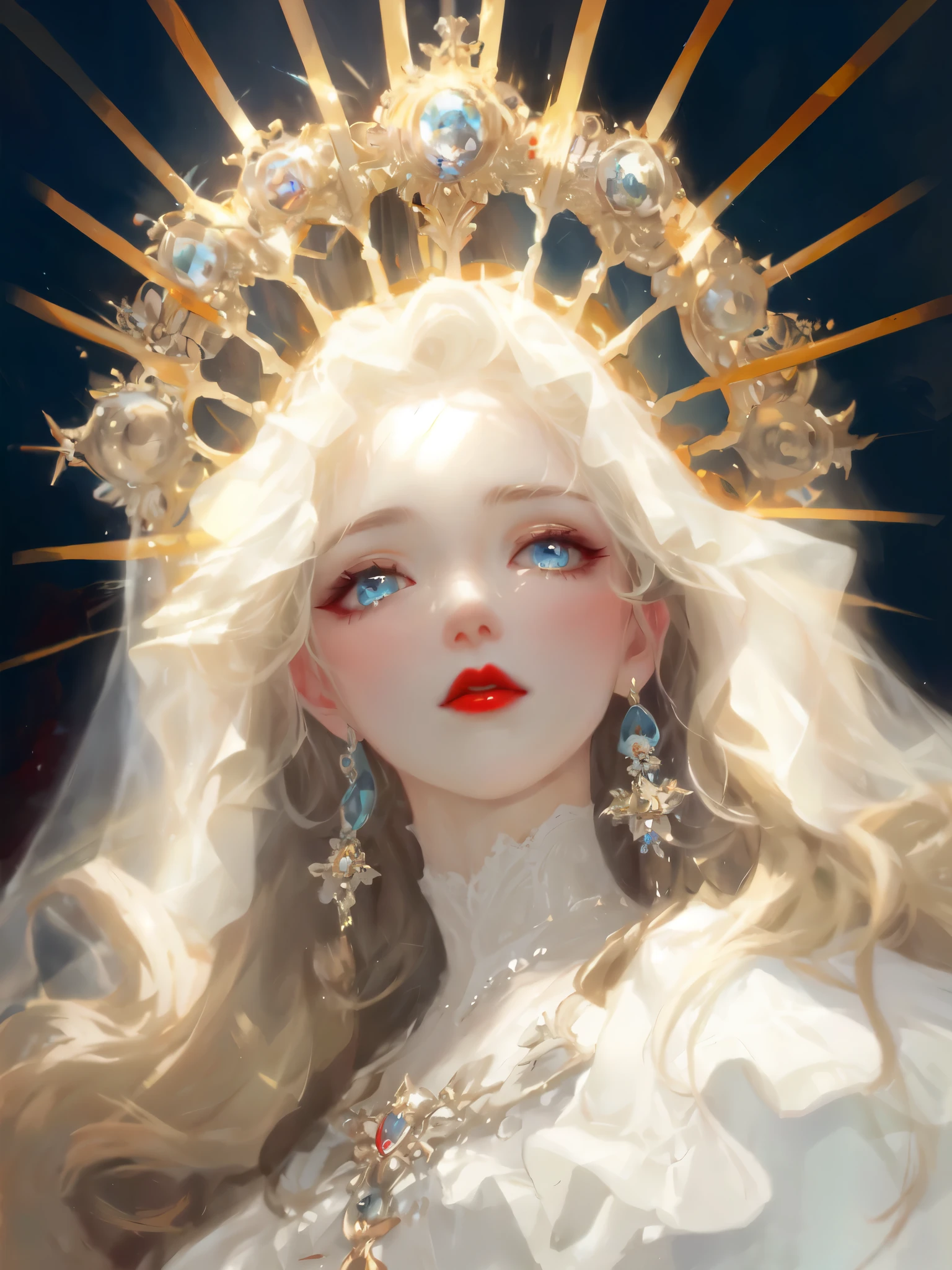 Close-up of a woman with a crown on her head, Gurwitz Masterpiece, guweiz style artwork, guweiz on pixiv artstation, guweiz, guweiz on artstation pixiv, intricate Wallop, loish and Wallop, goddess. extremely high detail, Wallop |, Wallop art,beautiful aqua blue eyes,pale skin,red lips