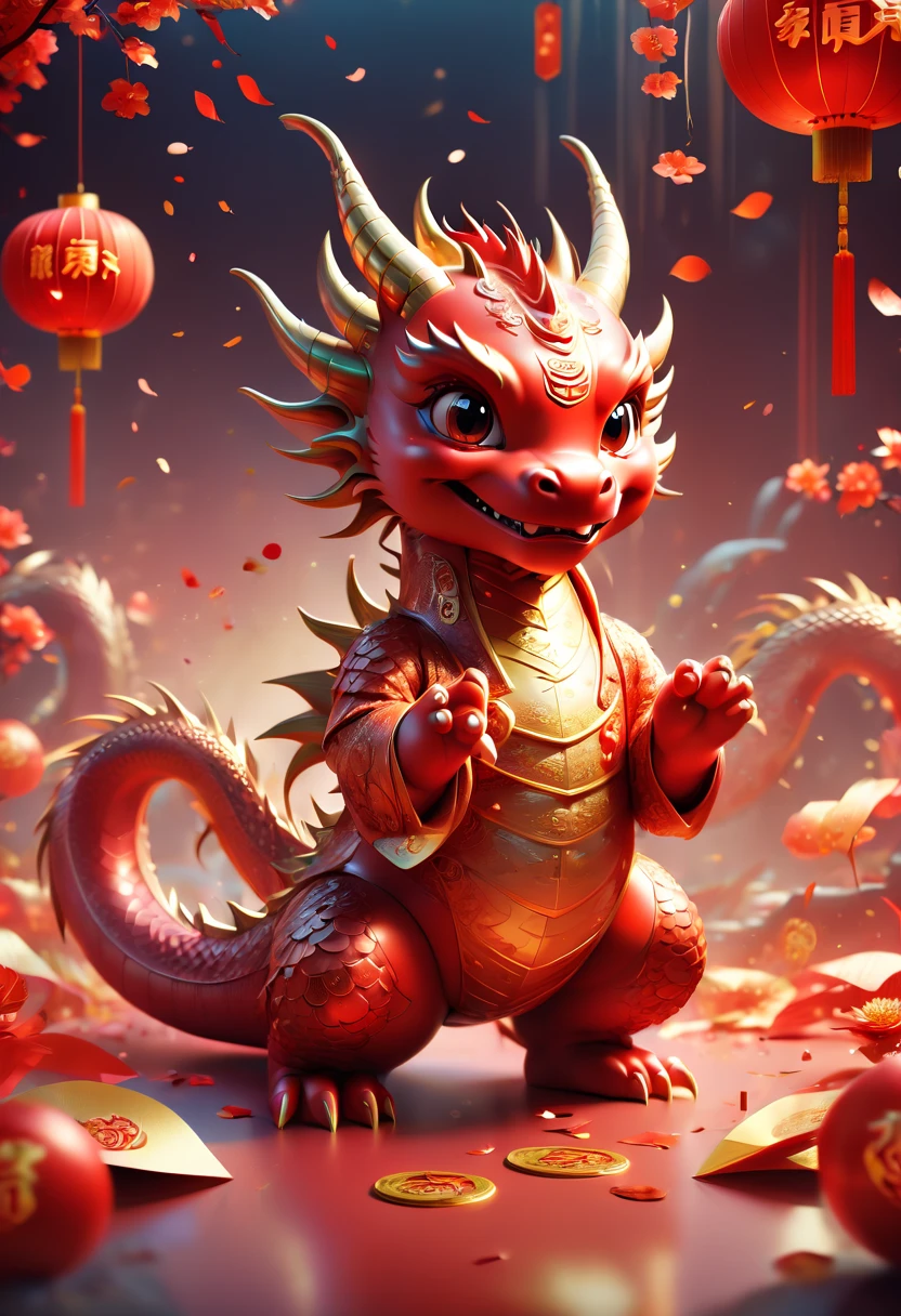 text "China", Chinese New Year "2024", dragon cub mascot, red clothes, Chinese bowing, spit out many golds, red envelopes, fireworks, confetti, strong festive atmosphere, Chinese elements, panoramic view, Ultra high saturation, (best quality, masterpiece, Representative work, official art, Professional, 8k)