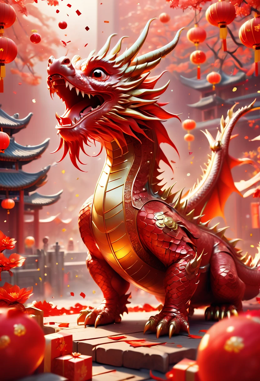 text "China", Chinese New Year "2024", dragon cub mascot, red clothes, Chinese bowing, spit out many golds, red envelopes, fireworks, confetti, strong festive atmosphere, Chinese elements, panoramic view, Ultra high saturation, (best quality, masterpiece, Representative work, official art, Professional, 8k)