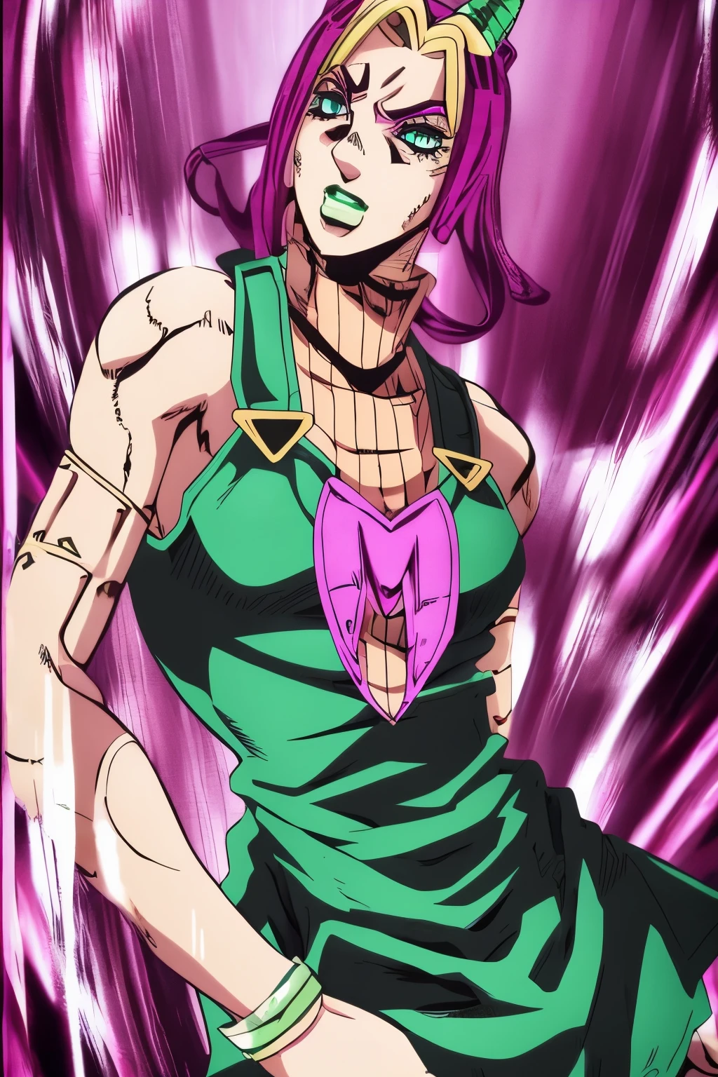 Anime Boy Jojo Style, Hirohiko Araki Style, Mangá Anime Character of Jojo's Bizarre Adventure, Pink HairStyle, Green Eyes, Fashion Clothes, Black Nails, Wind in the image (((Jojo Pose)))