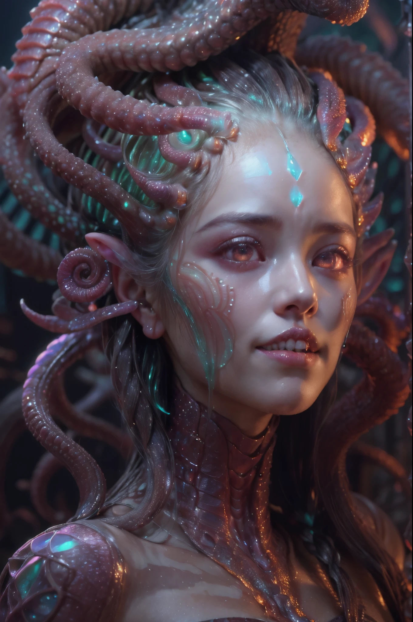 (1 beautiful and obscene female alien:1.4), (There is a female genital-like organ in the middle of her forehead:1.95), She has medusa-like hair, (there are lots of translucent tentacles from her head like her hair:1.5), (vulgarity1.7), (she is looking down at viewers with glowing red eyes with no pupils:1.6), (She has translucent pale skin:1.4),(She has the most beautiful face in the history of the universe:1.2), (She has multiple bioluminescent organs on the side of her tentacles:1.4), (Her body is covered with an iridescent exoskeleton:1.4), (She is showing her arm pits:1.6), an evil gaze that seduces, (looking down at viewers:1.4),(Vampire-like long canine teeth can be glimpsed through the gap between the cute lips:1.4) (bio luminescent:1.4), (Smile wickedly:1.3), (sexypose:1.4), alien, No humans, cells are fused, extraterrestrial, cell, bio image, ultra high resolution, (photos realistic:1.7), (Numerous award-winning masterpieces, with incredible detail, textures and maximum detail), Dramatic Lighting, cinematic quality, (exquisite details:1.2), High freshness, drawing faithfully, (Thick eyebrows:1.2), Beautiful eyes with fine symmetry,(Highly detailed face and eyes:1.2),(Super detailed skin quality feeling:1.4), perfect anatomy, (Beautiful toned body:1.5), (Moist skin:1.2), not wearing makeup, (dark circles:1.1), long canines, cinematic drawing of characters, cinematic quality, (exquisite details:1.2), high resolution, High freshness, drawing faithfully, official art, Unity 8K Wall paper, ultra detailed artistic photography, midnight aura, unreal engine 5, Ultra Sharp Focus, art by Amano Yoshitaka, ArtGerm, ultra realistic realism, dream-like, Creation of fantasy, dream Snail, (biopunk nautilus:1.3),Thrilling color schemes, seductively smiling, Amazing mutation, well-proportioned body, goddess of the deep sea, fractal, Geometric pattern, impossible figures, subtle emerald green accents, (expression of ecstasy:1.5)