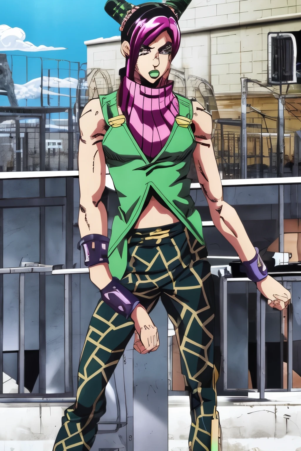 Anime Boy Jojo Style, Hirohiko Araki Style, Mangá Anime Character of Jojo's Bizarre Adventure, Pink HairStyle, Green Eyes, Fashion Clothes, Black Nails, Wind in the image (((Jojo Pose)))