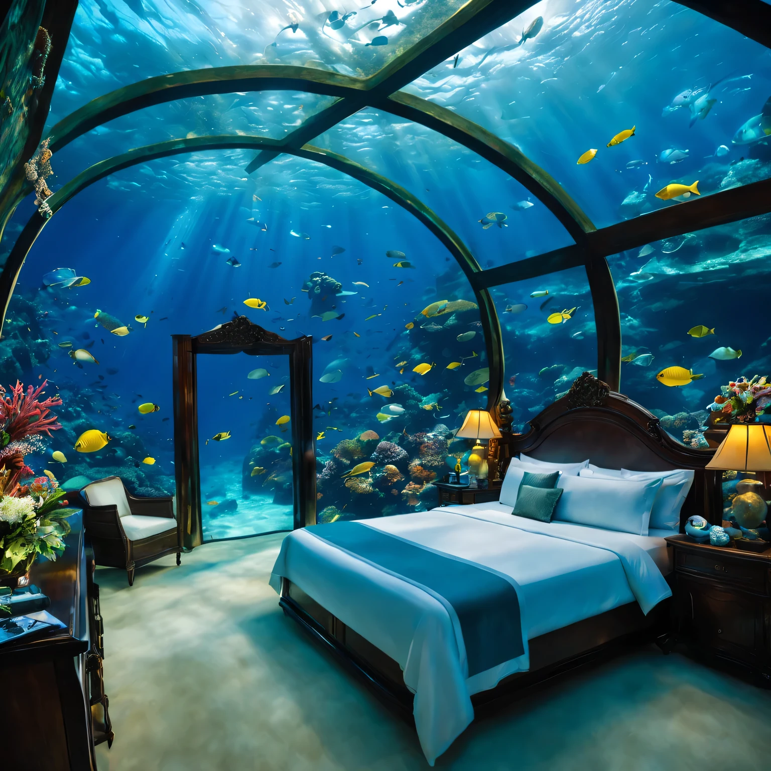 Underwater luxury resort,Undersea landscape,The water is so clear,Beautiful coral reef,Tropical fish swimming,flooded building,Underwater garden,Sunlight shines through the water,Amazing underwater sculptures,Magical underwater lighting,Limited Edition Underwater Photography Series,Unique diving experience,Tranquil underwater meditation area,Private underwater villa,Exquisite underwater dining experience,Glowing bioluminescent organisms,Thrilling underwater adventures,Tranquil underwater hot spring,underwater silk curtains,Diving with majestic sea turtles,Hidden underwater caves,Unparalleled underwater biodiversity,Gorgeous underwater banquet hall,Mermaid-inspired underwater fashion,floating underwater walkway,Vibrant underwater art installation,underwater musical performance,Unforgettable underwater sunset,Underwater Yoga Class,Secluded Underwater Honeymoon Suite,Surreal underwater landscape,underwater fashion show,hotel floating underwater,enchanted Underwater garden,underwater rainbow,Unexplored underwater treasures,underwater golf course,Spectacular underwater fireworks,Underwater cinema experience,Bright colors、An underwater paradise rich in marine life