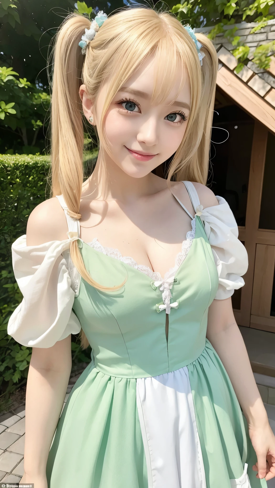 she is cosplaying as a princess、blonde short、smile、green eyes、Colorful and fancy dresses、twin tails